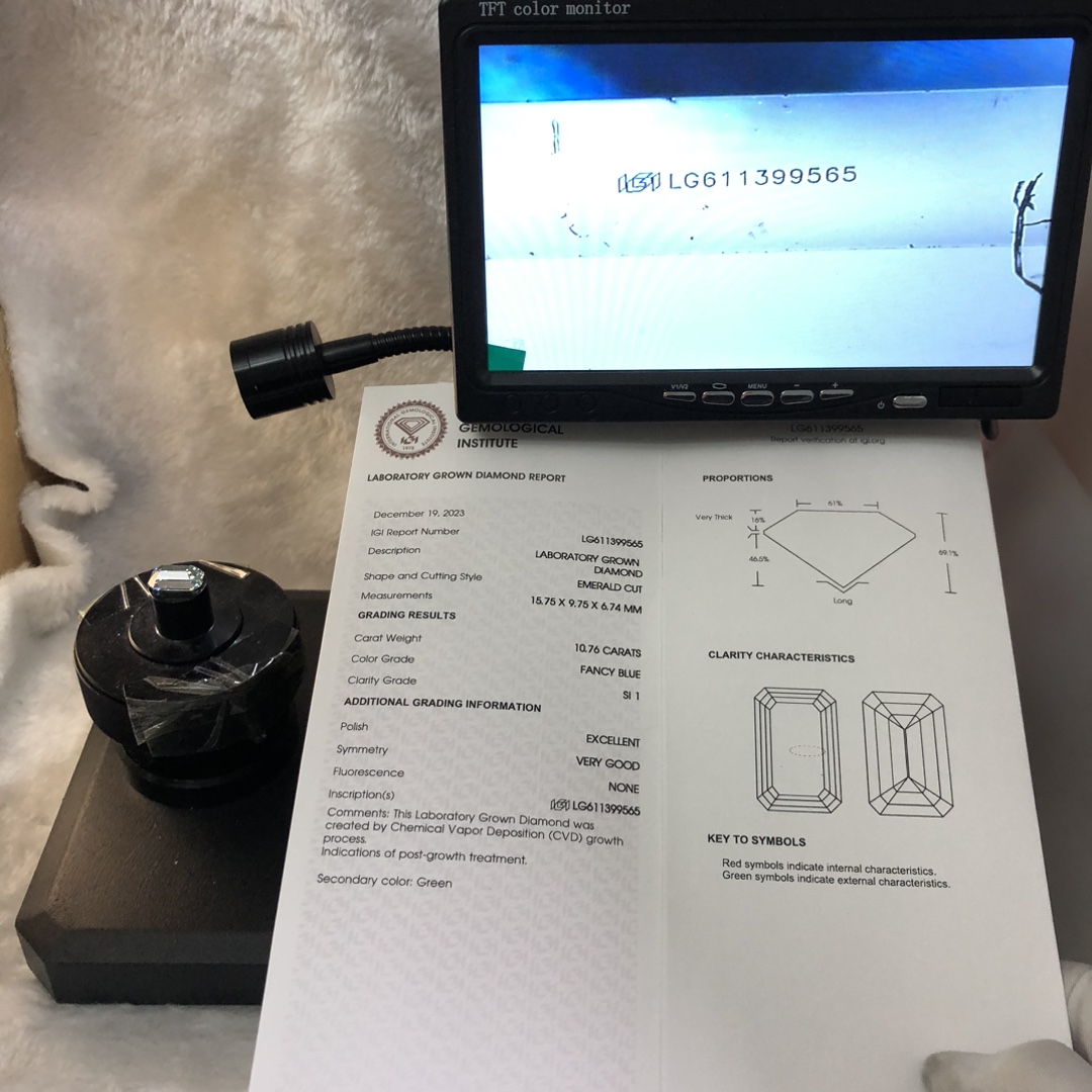 IGI LAB  DIAMOND CVD LG611399565 EM FANCY BLUE 10.76CT SI1 EX VG 12