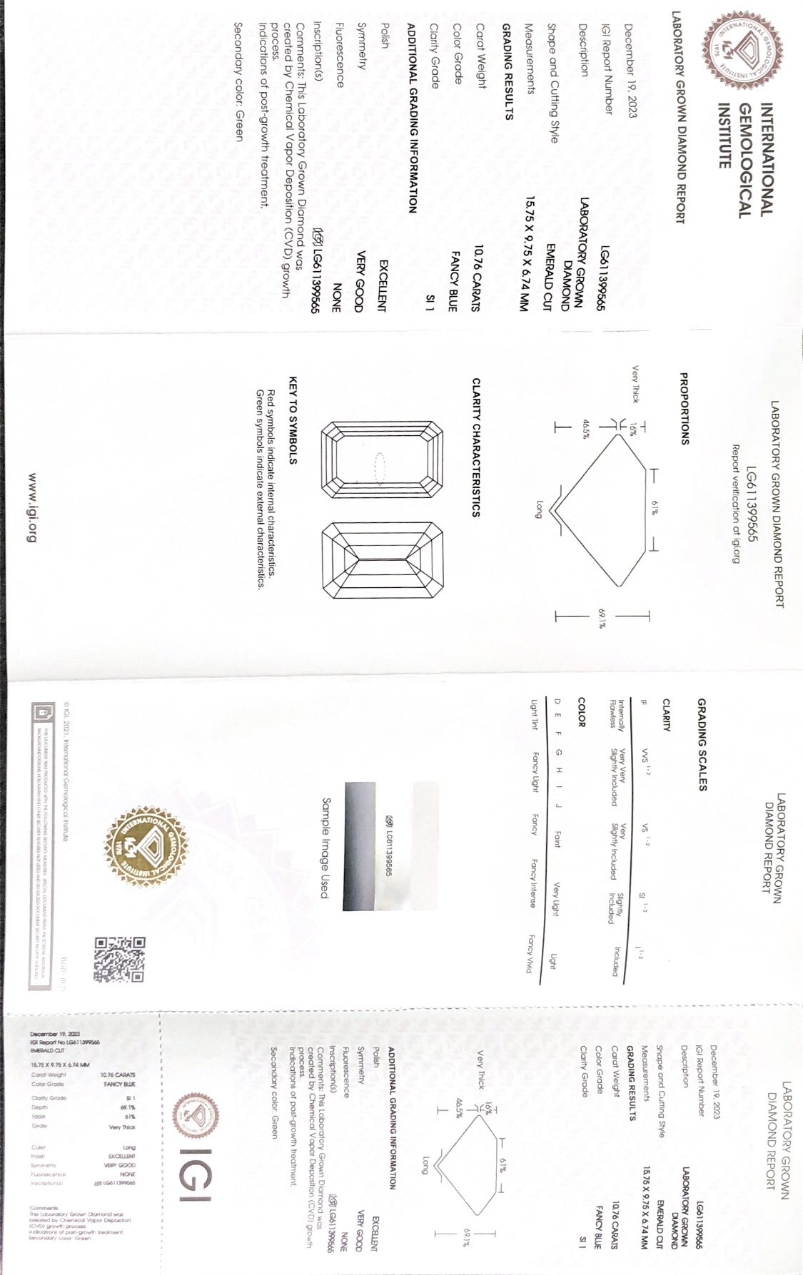 IGI LAB  DIAMOND CVD LG611399565 EM FANCY BLUE 10.76CT SI1 EX VG 8