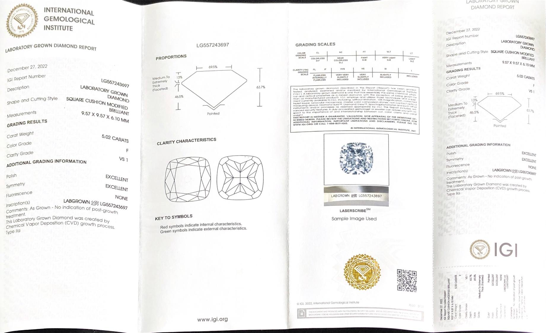 Lab Grown Diamond Square Cushion Modified Briliiant 5.02CT  F  VS1  2EX CVD  LG557243697 | Messi Jewelry 8