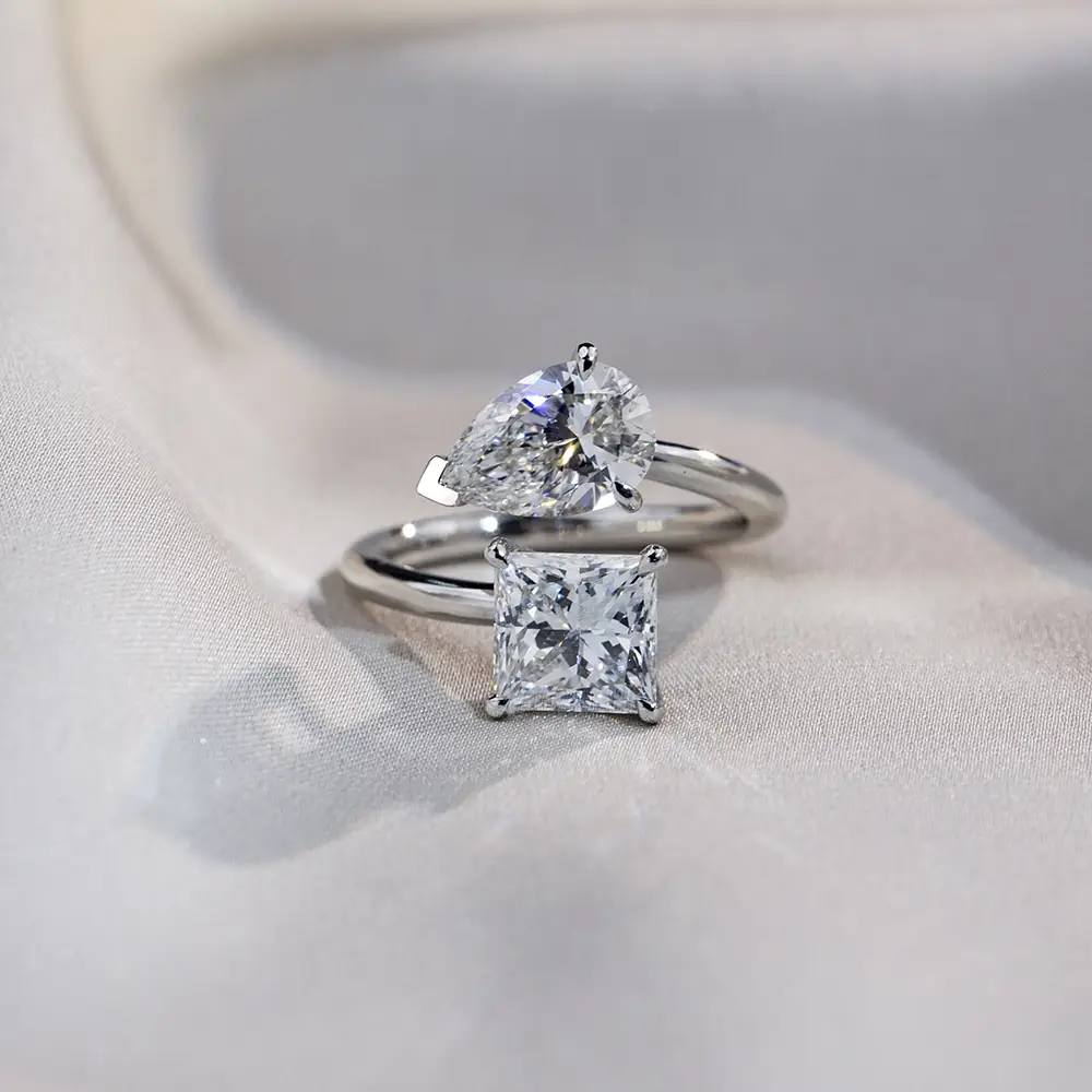 MSR-1736 18K White Gold Princess Square&amp;Anello di diamanti coltivato per pera 1