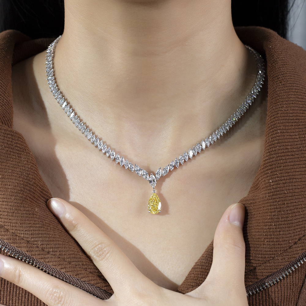 MSN-886 18K White Gold Yellow Pear Lab Grown Diamond White Marquis Custom Necklace-Messi Jewerly 12