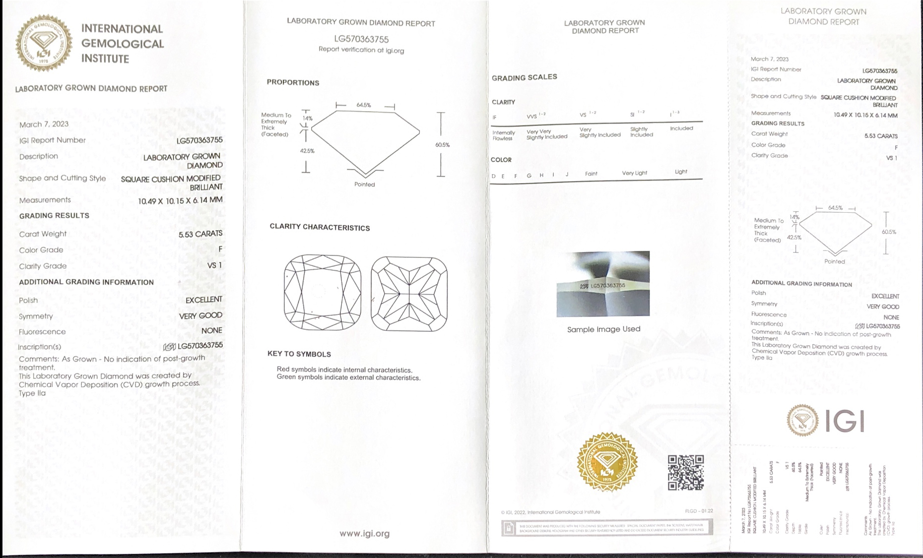 Square Cushion Modified Brilliant 5.53carat F VS1 EX VG CVD Lab Diamond LG570363755 9