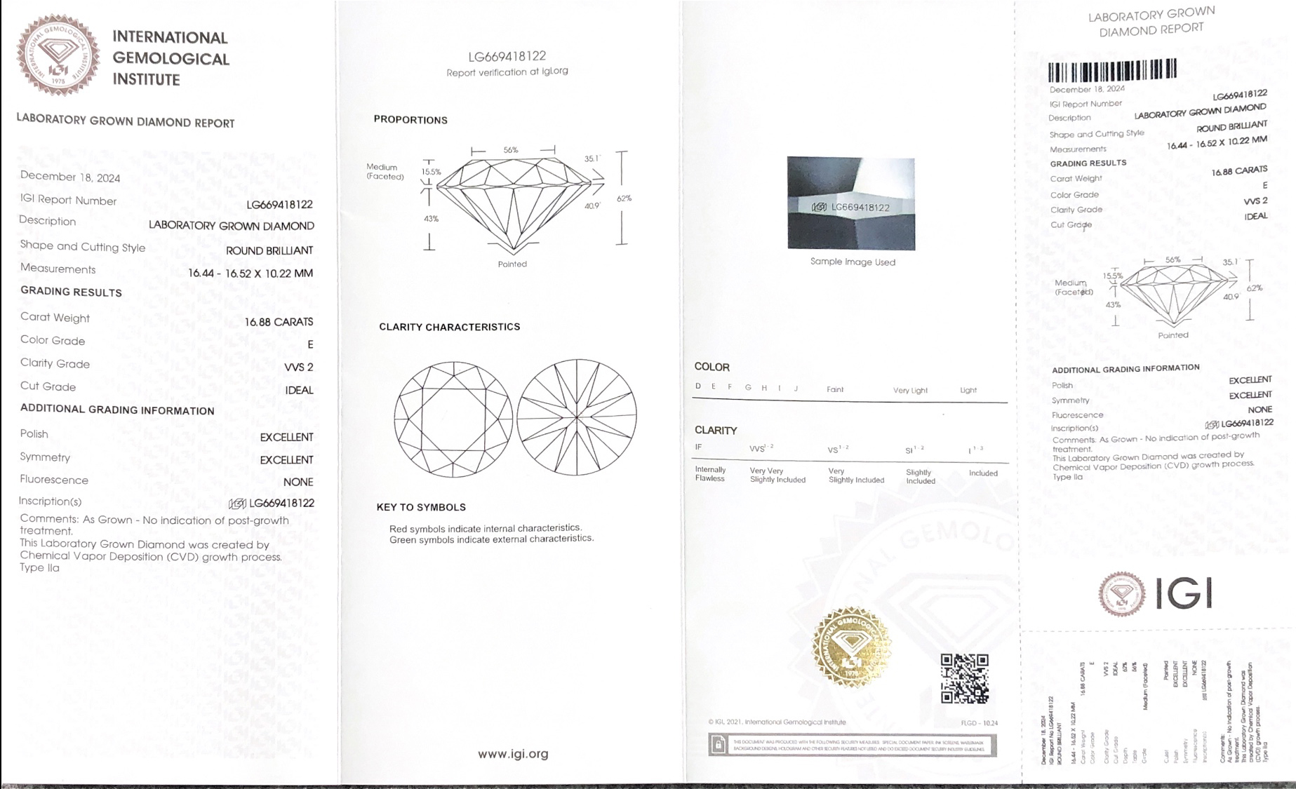 Messi Alahas Daghang Gidak-on Round 16.88CT E VVS2 ID EX EX Lab Diamond IGI LG669418122 9