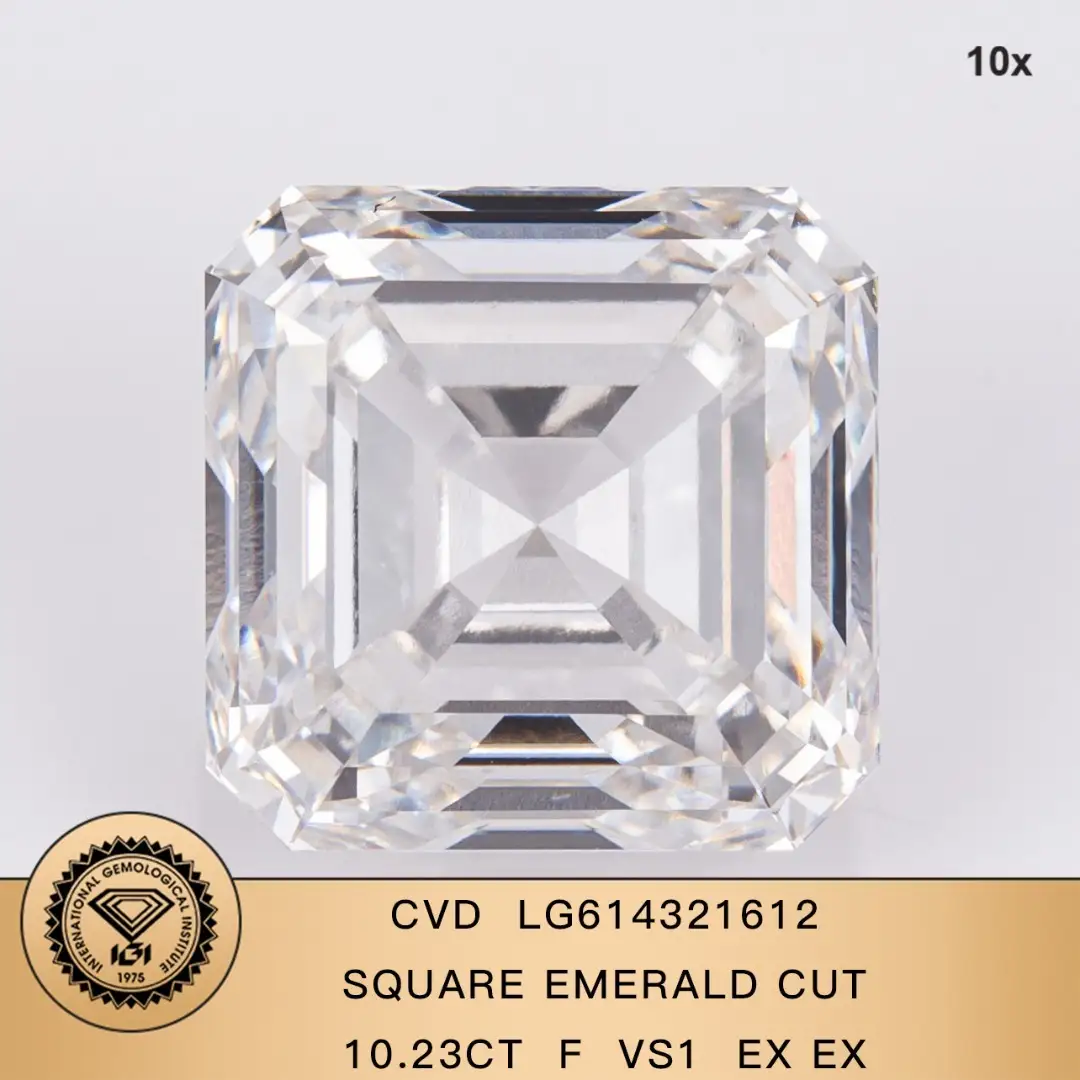 Messi Jewelry Lab Diamond Square Emerald 10.23ct F vs1 Ex Ex CVD LG614321612 1
