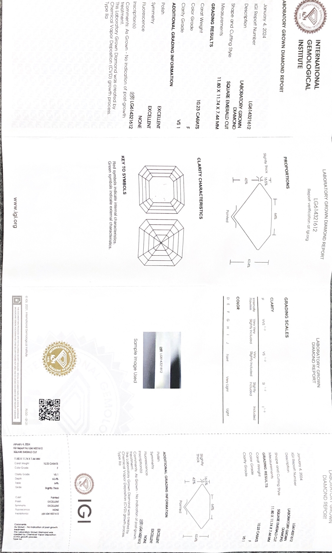 Messi Alahas Lab Diamond SQUARE EMERALD 10.23CT F VS1 EX EX CVD LG614321612 7