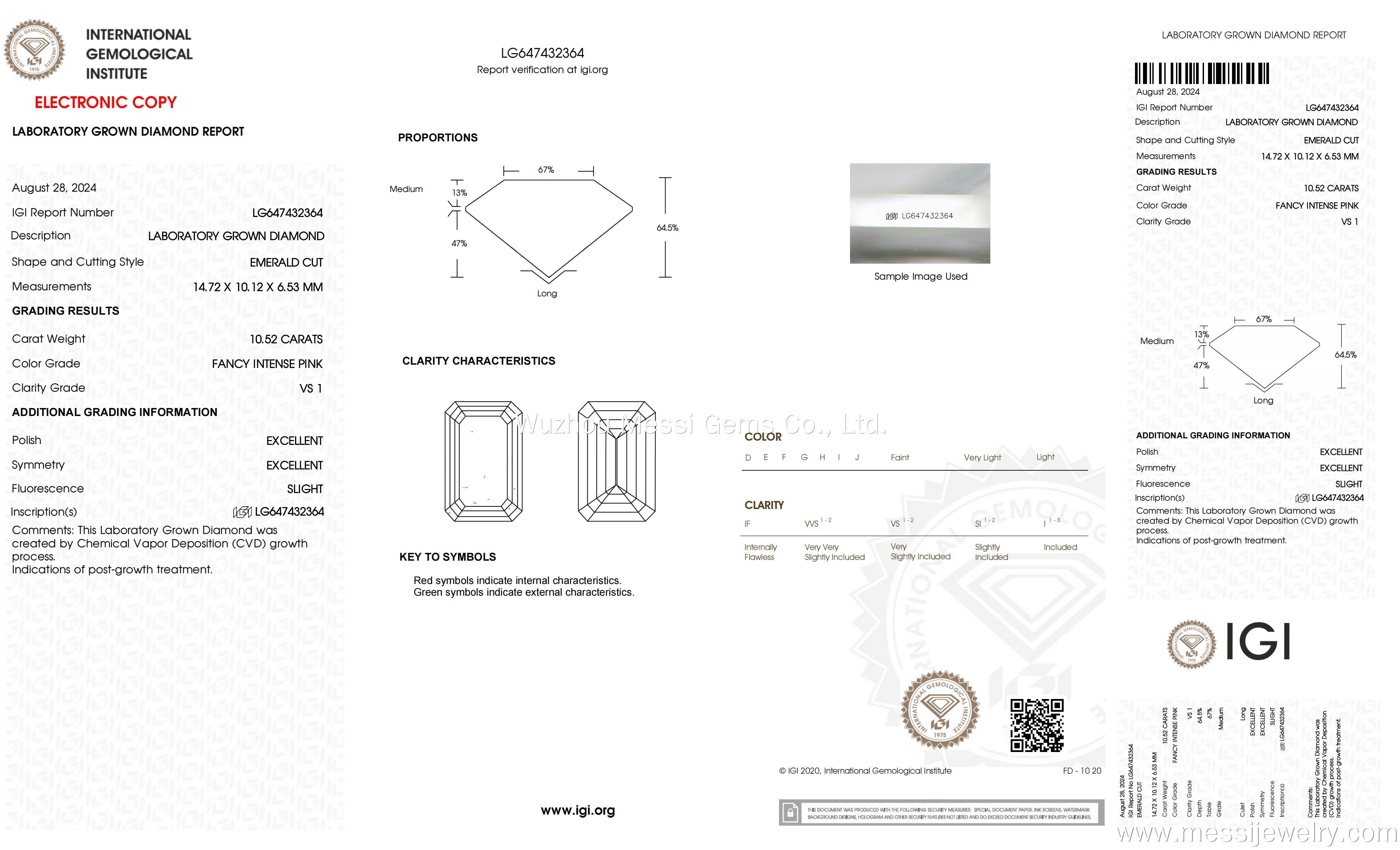 Messi Alahas Lab Gitubo nga Diamond Fancy Intense Pink Emerald 10.52CT VS1 LG647432364 5