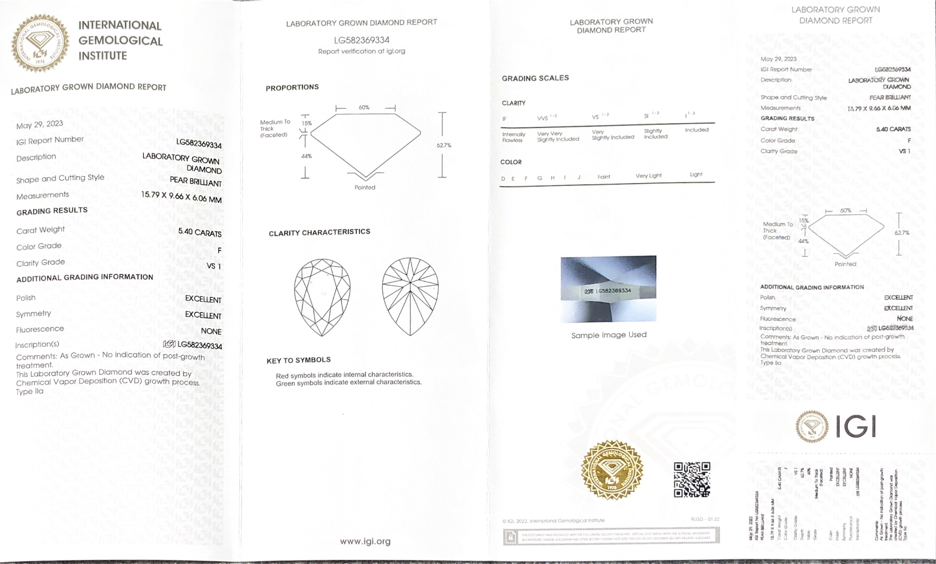 Messi Jewlery Lab Diamond CVD PEAR LG582369334 5.40CT F VS1 EX EX 7