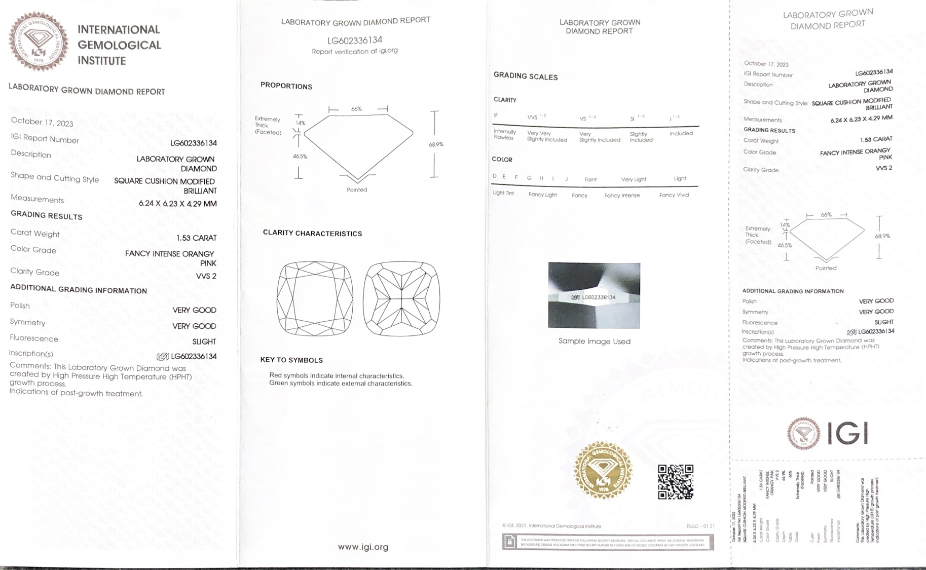 Customize 1.53CT Fancy Intense Orangy Pink Square Cushion VVS2 VG VG Lab Diamond with IGI LG602336134 9
