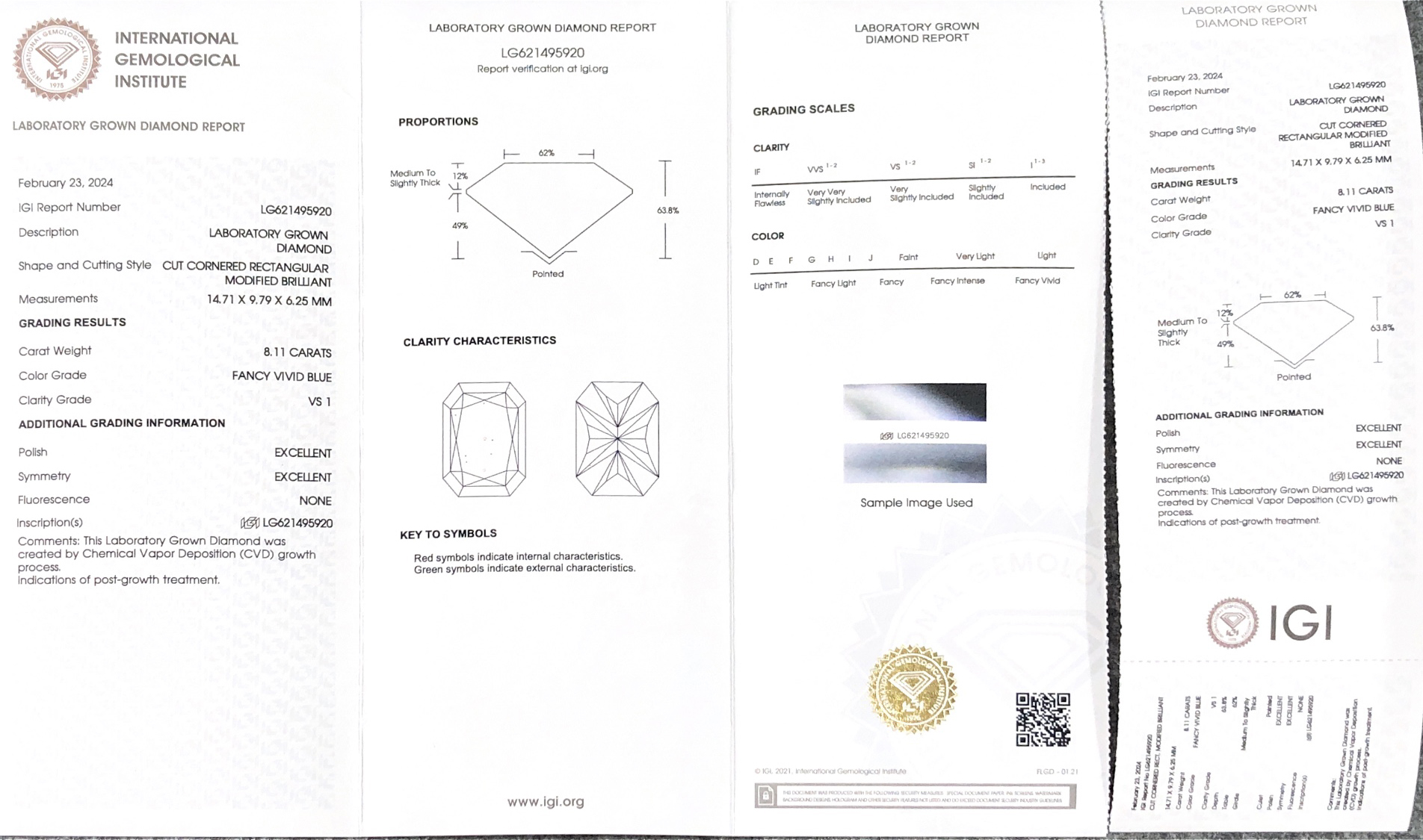 IGI 8.11CT VS1 EX EX Cornered Rectangular Modified Brilliant Fancy Vivid Blue CVD LG621495920 Lab Grown Diamond 9