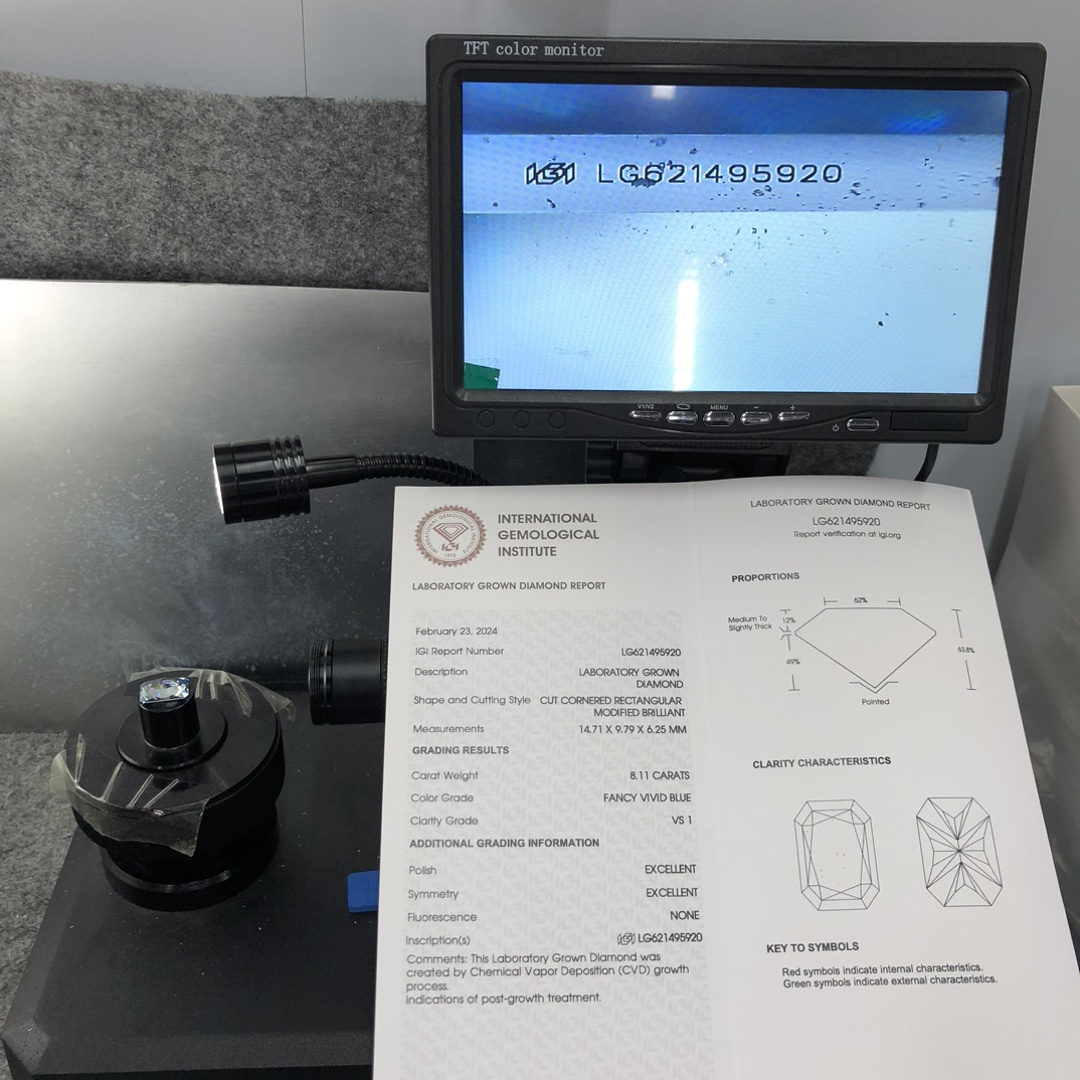 IGI 8.11CT VS1 EX EX Cornered Rectangular Modified Brilliant Fancy Vivid Blue CVD LG621495920  Lab Grown Diamond 13