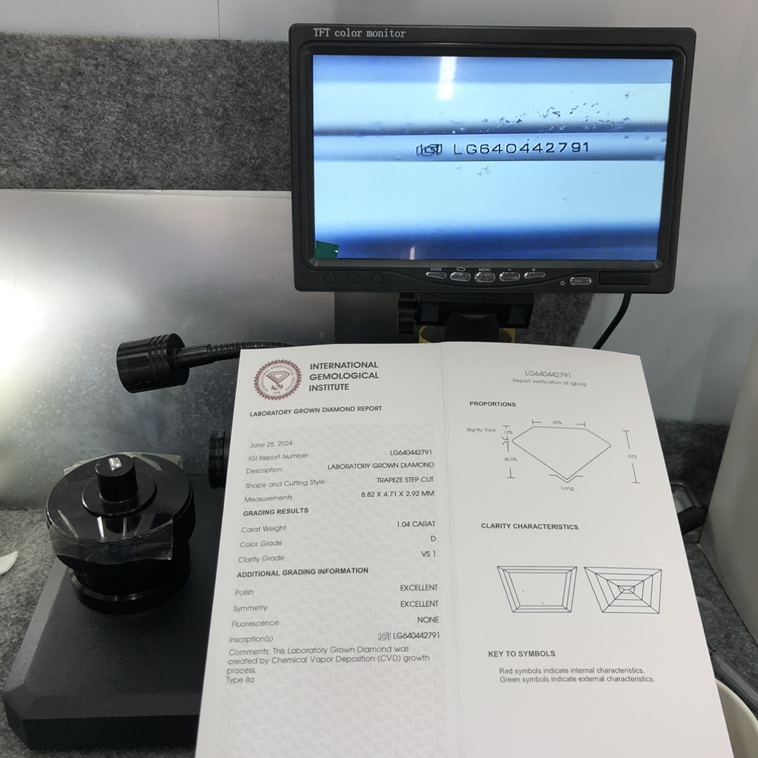Messi Jewelry CVD Lab Diamond LG640442791 TRAPEZE STEP CUT 1.04CT  D  VS1  EX EX 11