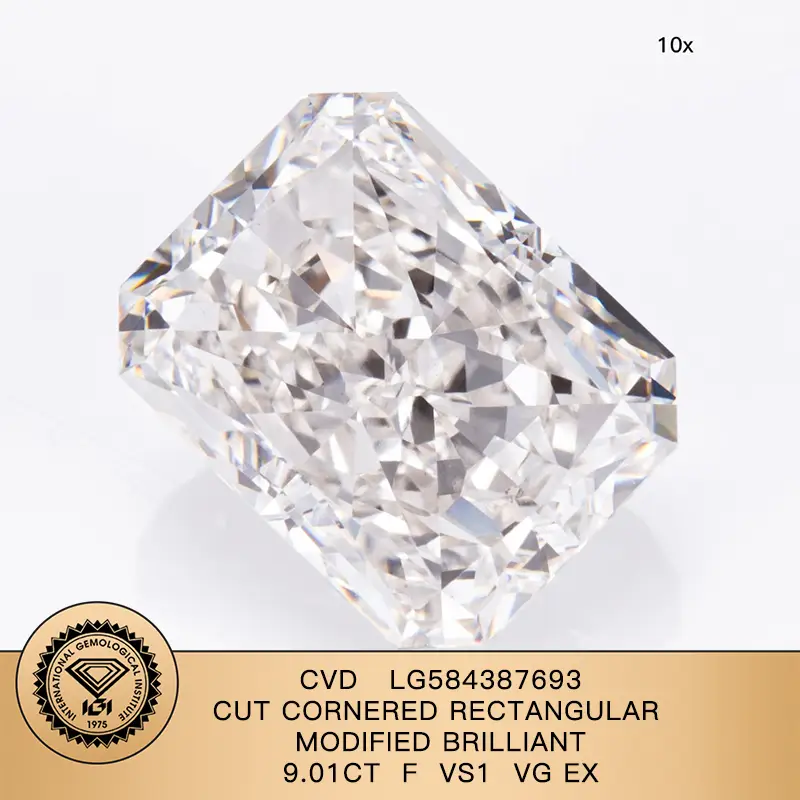 LAB DIAMOND IGI CVD LG584387693 CUT CORNERED RECTANGULAR MODIFIED BRILLIANT 9.01CT F S1 VG EX 1