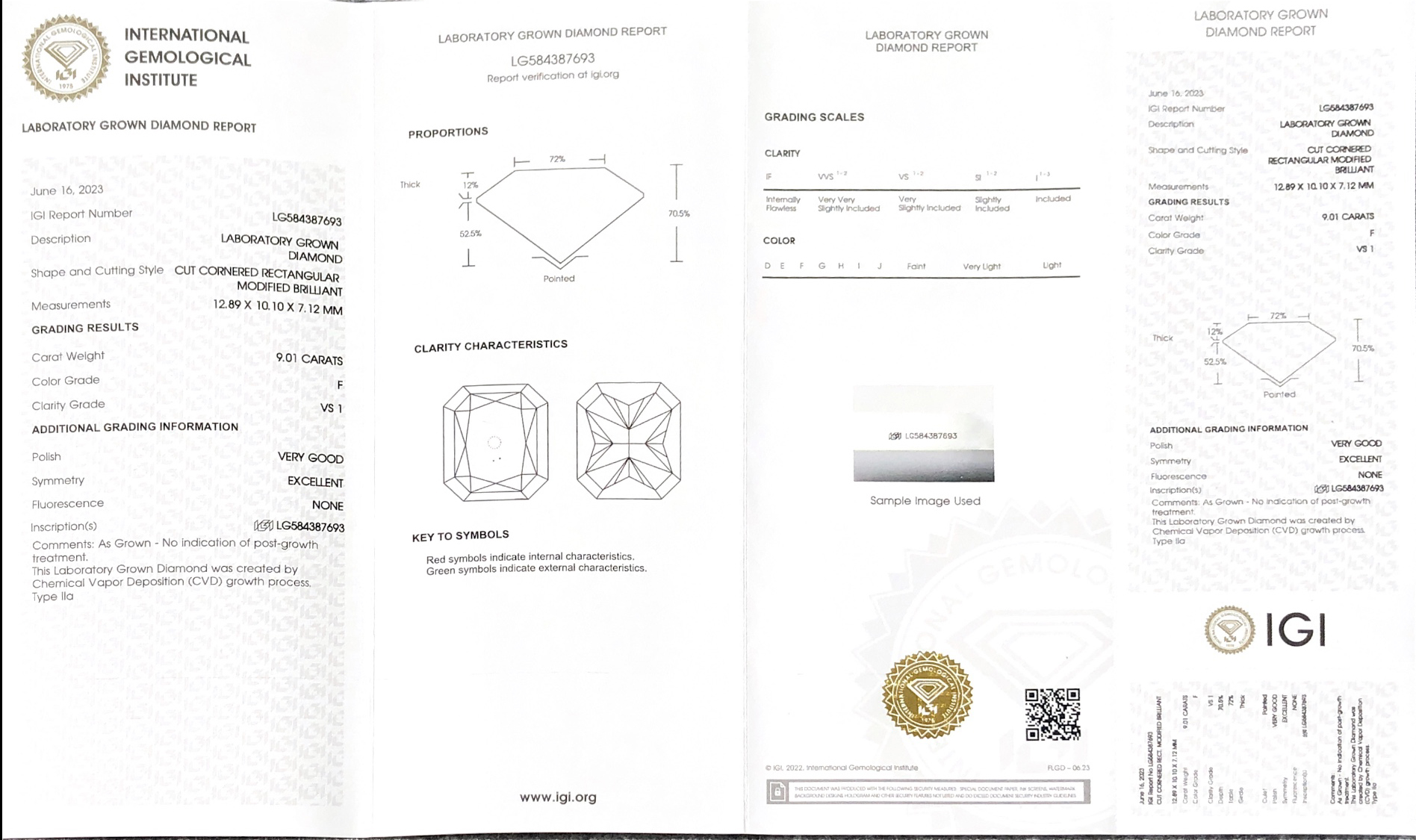LAB DIAMOND IGI CVD LG584387693 CUT CORNERED RECTANGULAR MODIFIED BRILLIANT 9.01CT F S1 VG EX 8