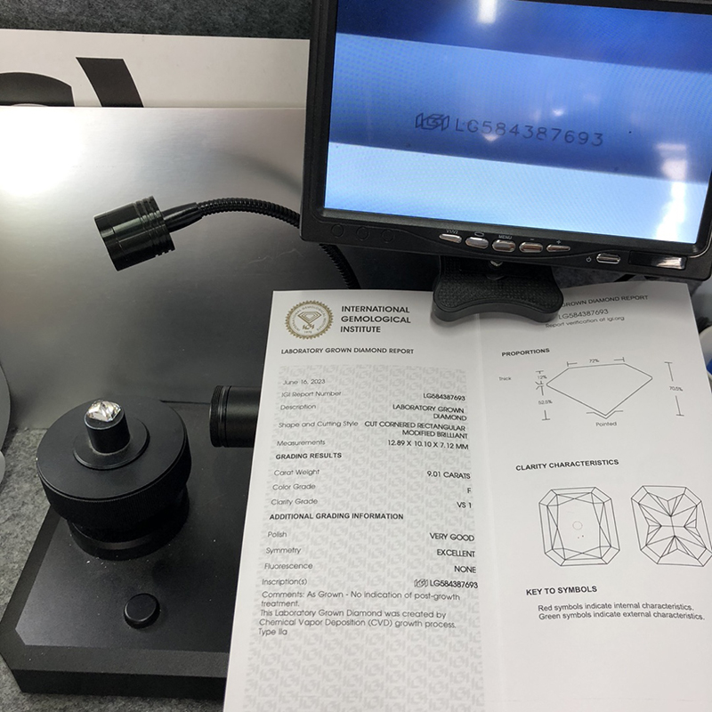 LAB DIAMOND IGI CVD LG584387693 CUT CORNERED RECTANGULAR MODIFIED BRILLIANT 9.01CT F S1 VG EX 12