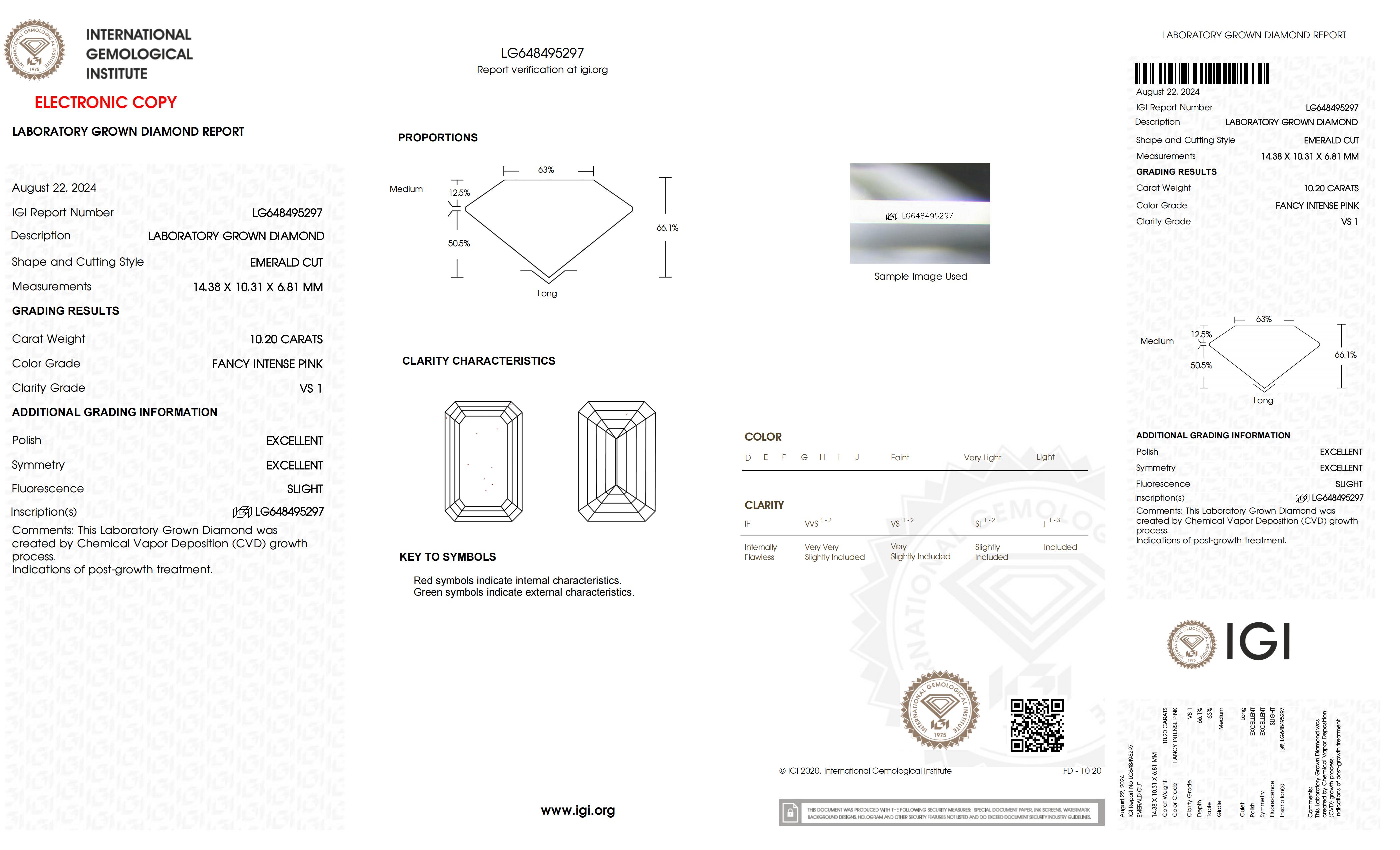 Messi  Jewelry Lab Grown Diamond FANCY INTENSE PINK 10.20CT  LG648495297  EMERALD  VS1 5