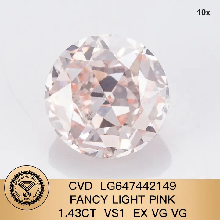 Best round lab diamond cvd fantasia rosa chiaro 1.43ct vs1 ex vg vg lg647442149 | Gioielli Messi 1
