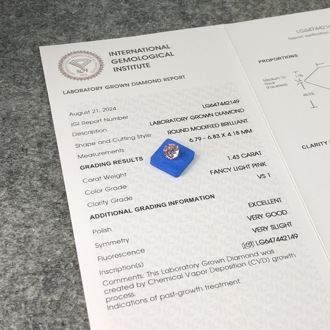 Labing maayo nga Round Lab Diamond CVD FANCY LIGHT PINK 1.43CT VS1 EX VG VG LG647442149 | Messi Alahas 7