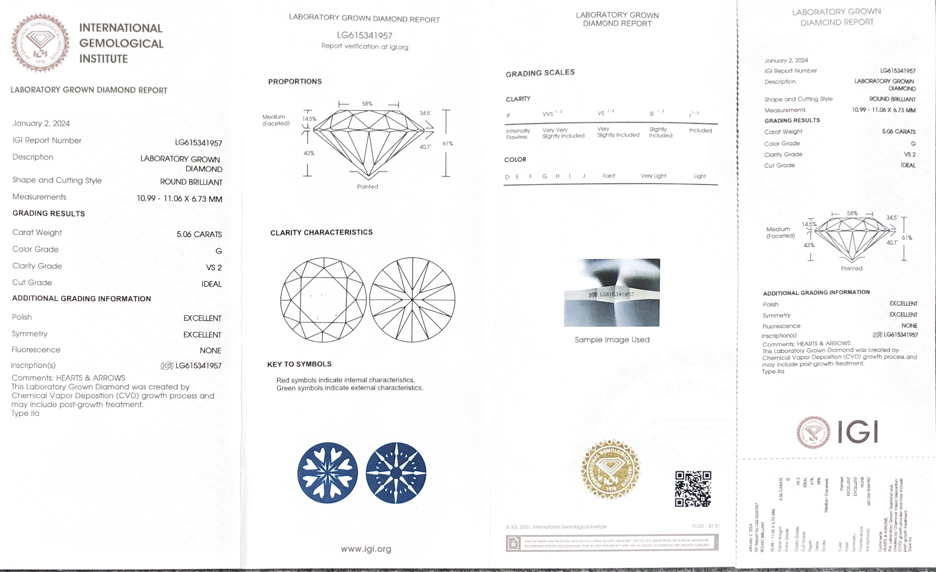 Messi Jewlery Lab Diamond CVD IGI Round LG615341957 5.06CT  G  VS2  ID EX EX 7