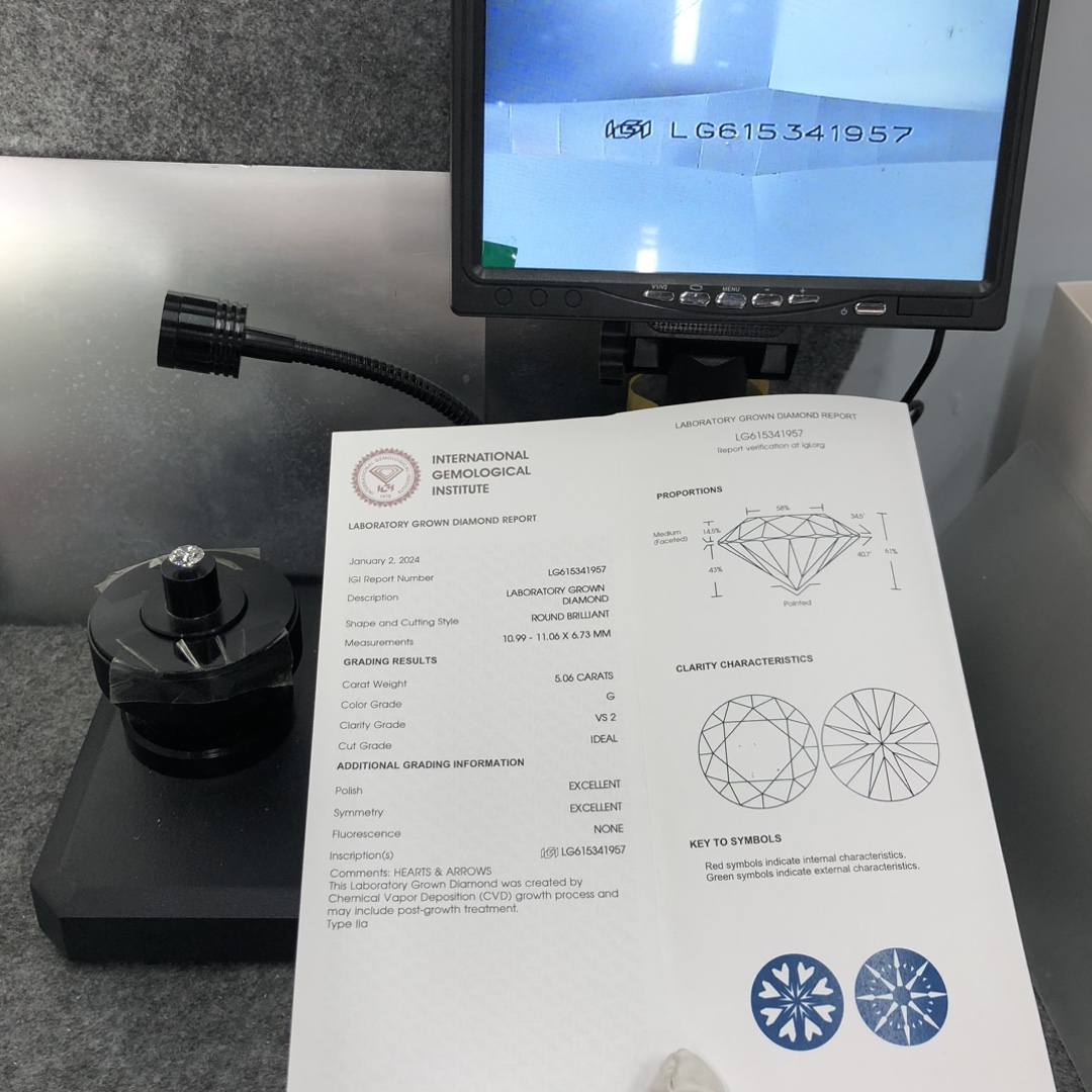 Messi Jewlery Lab Diamond CVD IGI Round LG615341957 5.06CT  G  VS2  ID EX EX 11