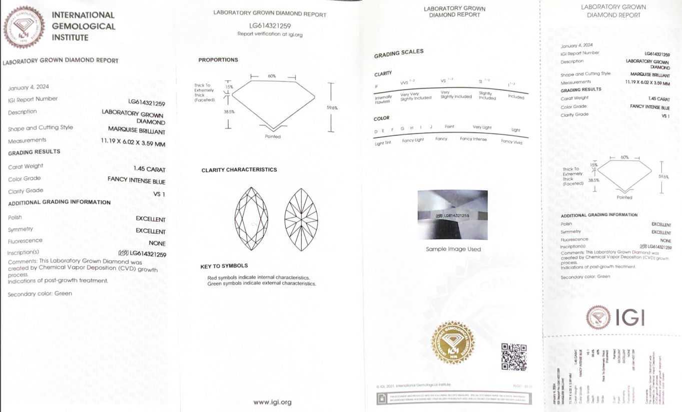 CVD Marquise Fancy Intense Blue 1.45CT VS1 EX EX Lab Diamond For Jewelry LG614321259 | Messi Jewelry 8