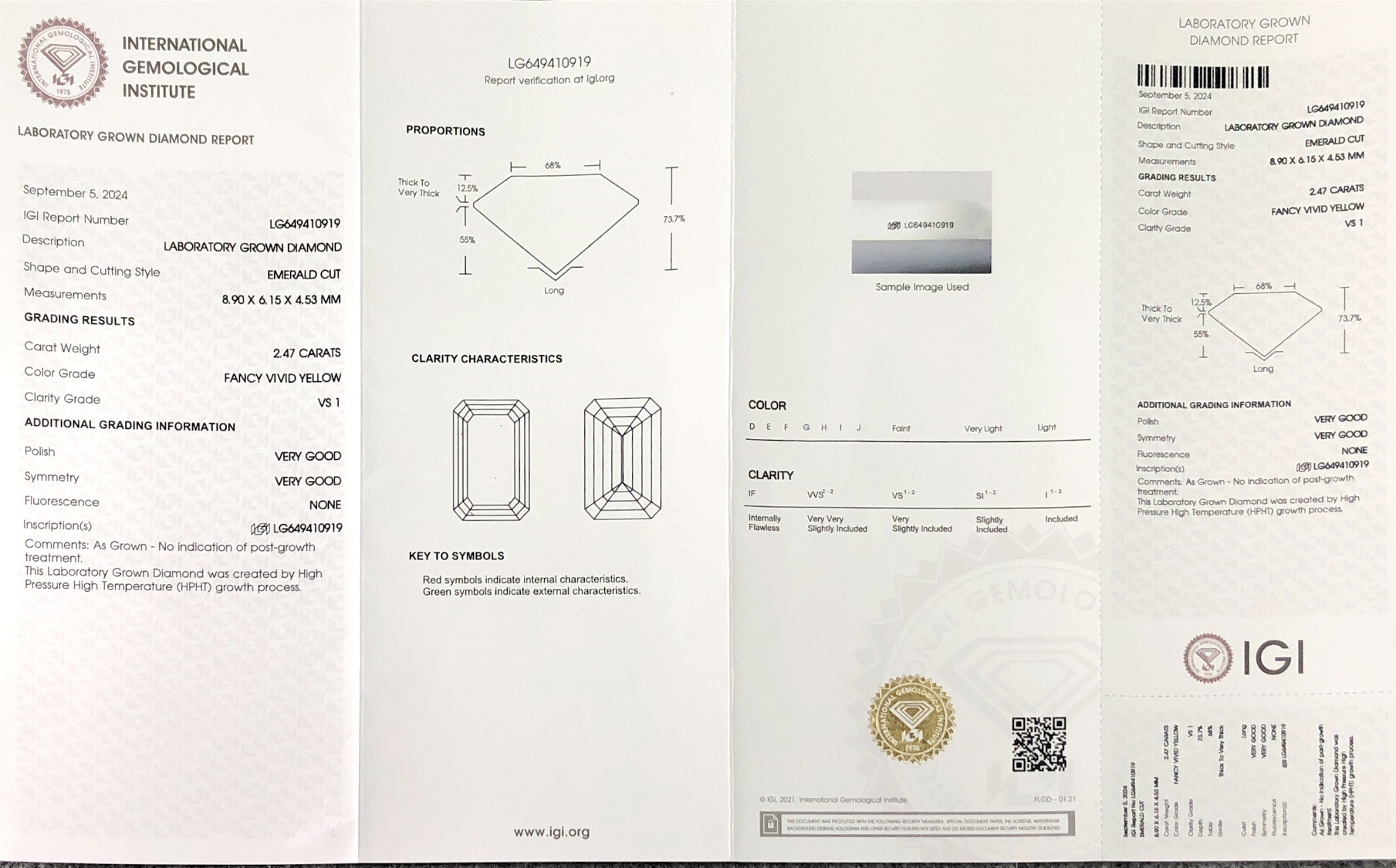 Fancy Vivid Yellow 2.47CT VS1 VG VG HPHT Emerald shape Lab Diamond with IGI certificate LG602336134 9