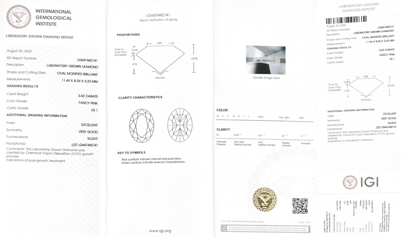Kalidad nga Oval Cut Lab Diamond FANCY PINK 3.63CT VS1 EX VG CVD LG647442141 | Messi Alahas 7