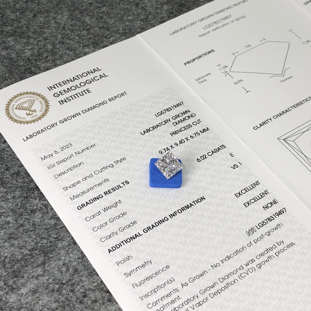 CVD 6.02CT E VS1 EX EX Square Princess Cut Lab Grwon Dimoand For Jewelry LG578319497 | Messi Jewelry 7