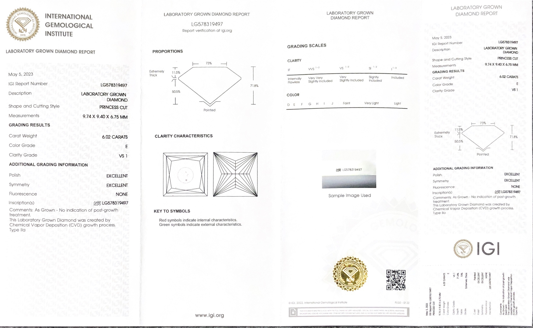CVD 6.02CT E VS1 EX EX Square Princess Cut Lab Grwon Dimoand For Jewelry LG578319497 | Messi Jewelry 8