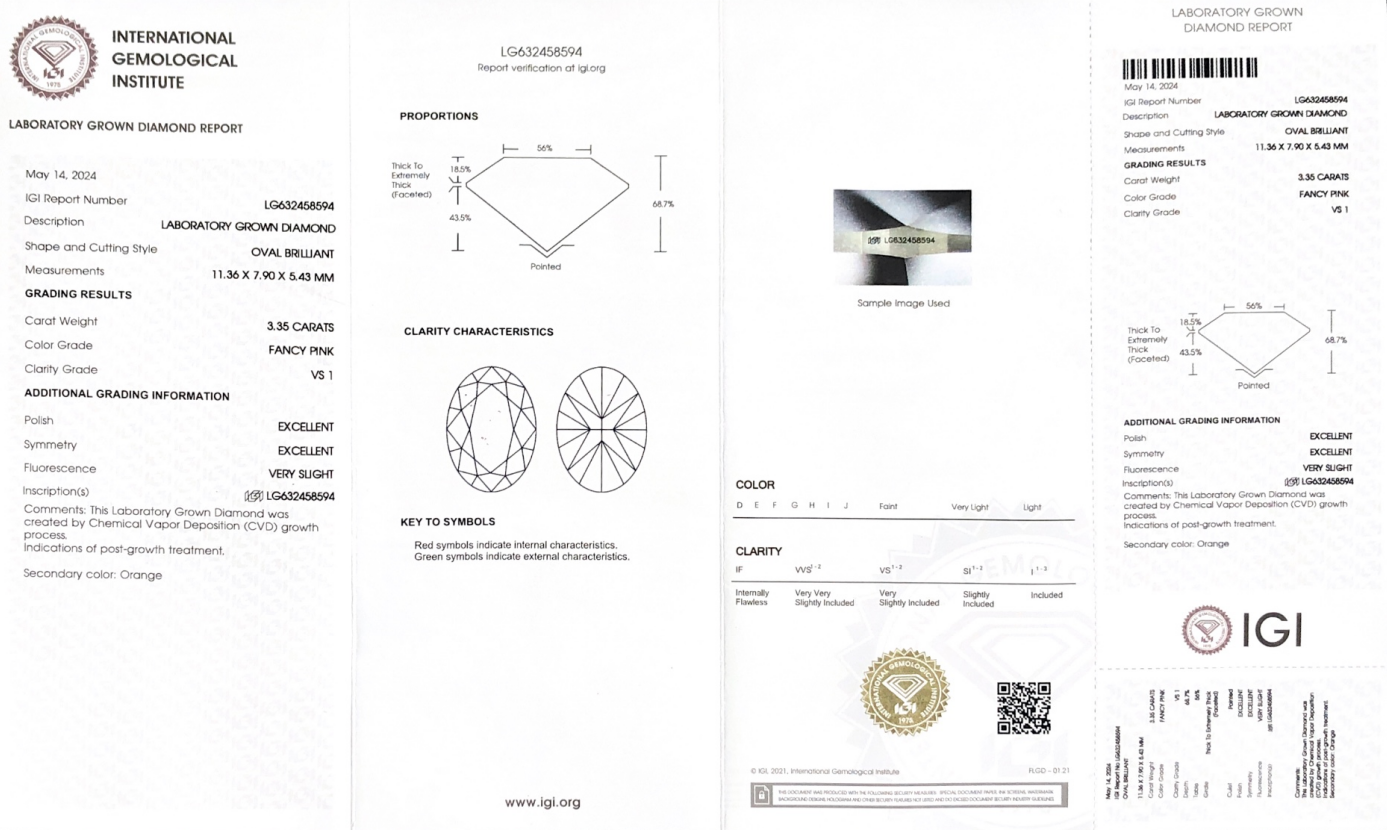 Lab Diamond Oval Fancy Pink 3.35CT VS1 EX EX CVD LG632458594 Alang sa Alahas | Messi Alahas 7