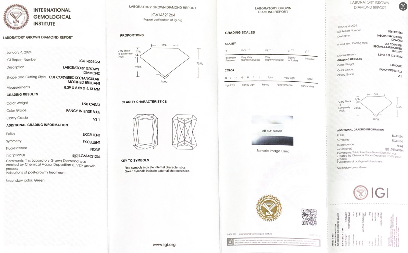 1.90CT Fancy Intense Blue CVD Lab Diamond Cornered Recatangle Modified Brilliant Cut VS1 EX EX  LG614321264 8
