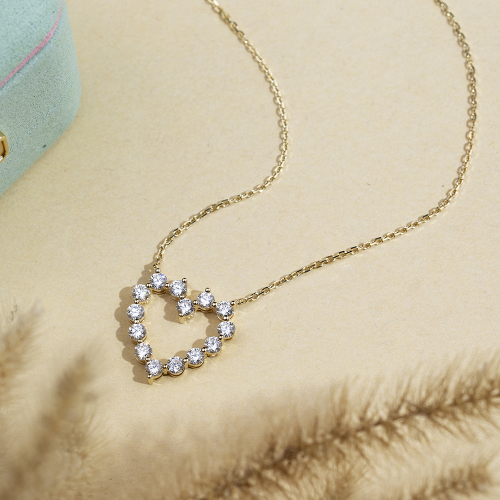 MSN-879 18K Yellow Gold Round Lab Gitubo nga Diamond Heart Pendant Necklace 11