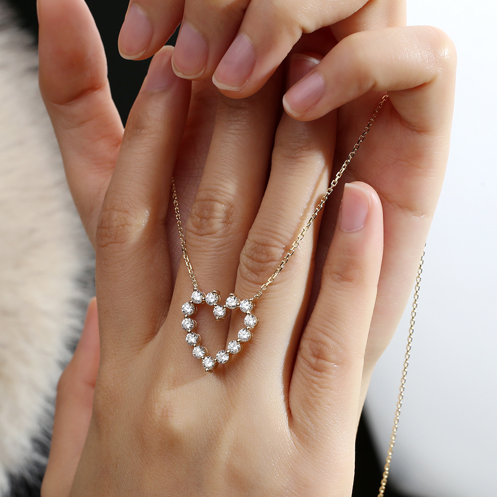 MSN-879 18K Yellow Gold Round Lab Gitubo nga Diamond Heart Pendant Necklace 14