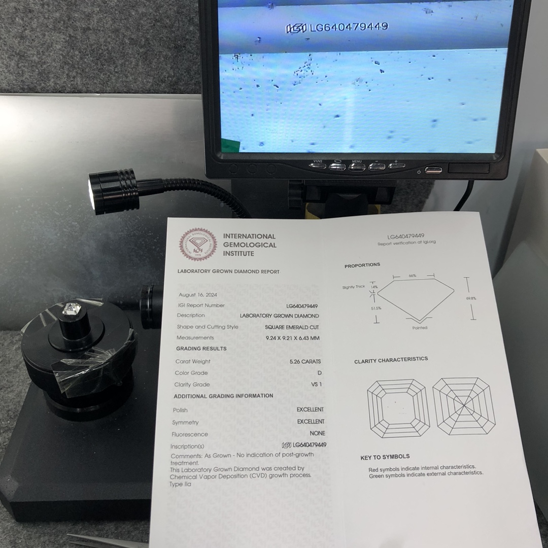 Messi Alahas CVD Lab Diamond SQUARE EMERALD CUT 5.26CT D VS1 LG640479449 EX EX 12