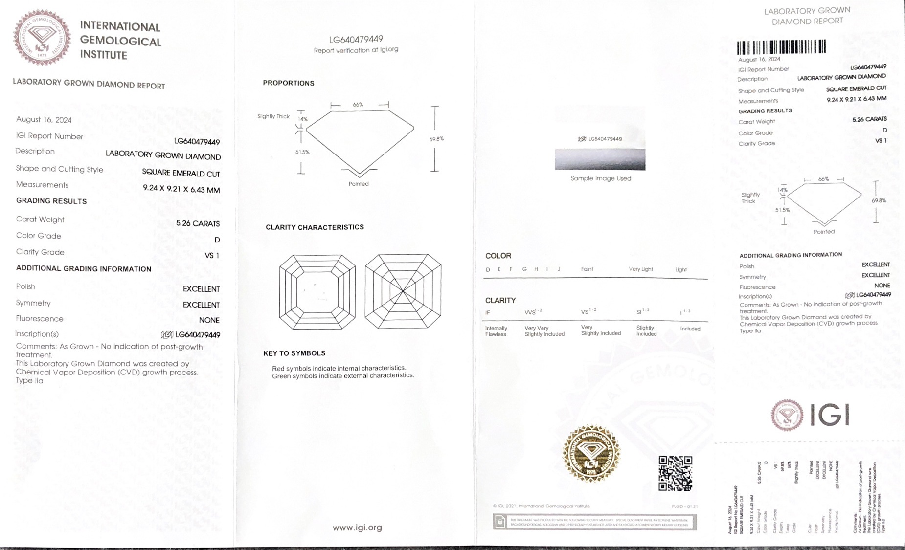 Messi Alahas CVD Lab Diamond SQUARE EMERALD CUT 5.26CT D VS1 LG640479449 EX EX 8