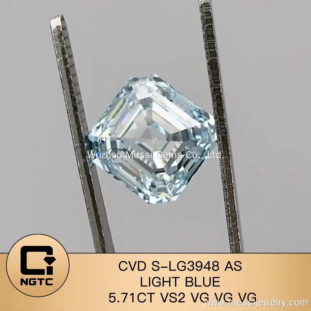 Asscher Cut Lab Diamond - 5.71ct Light Blue VS2 - Messi Jewelry 5