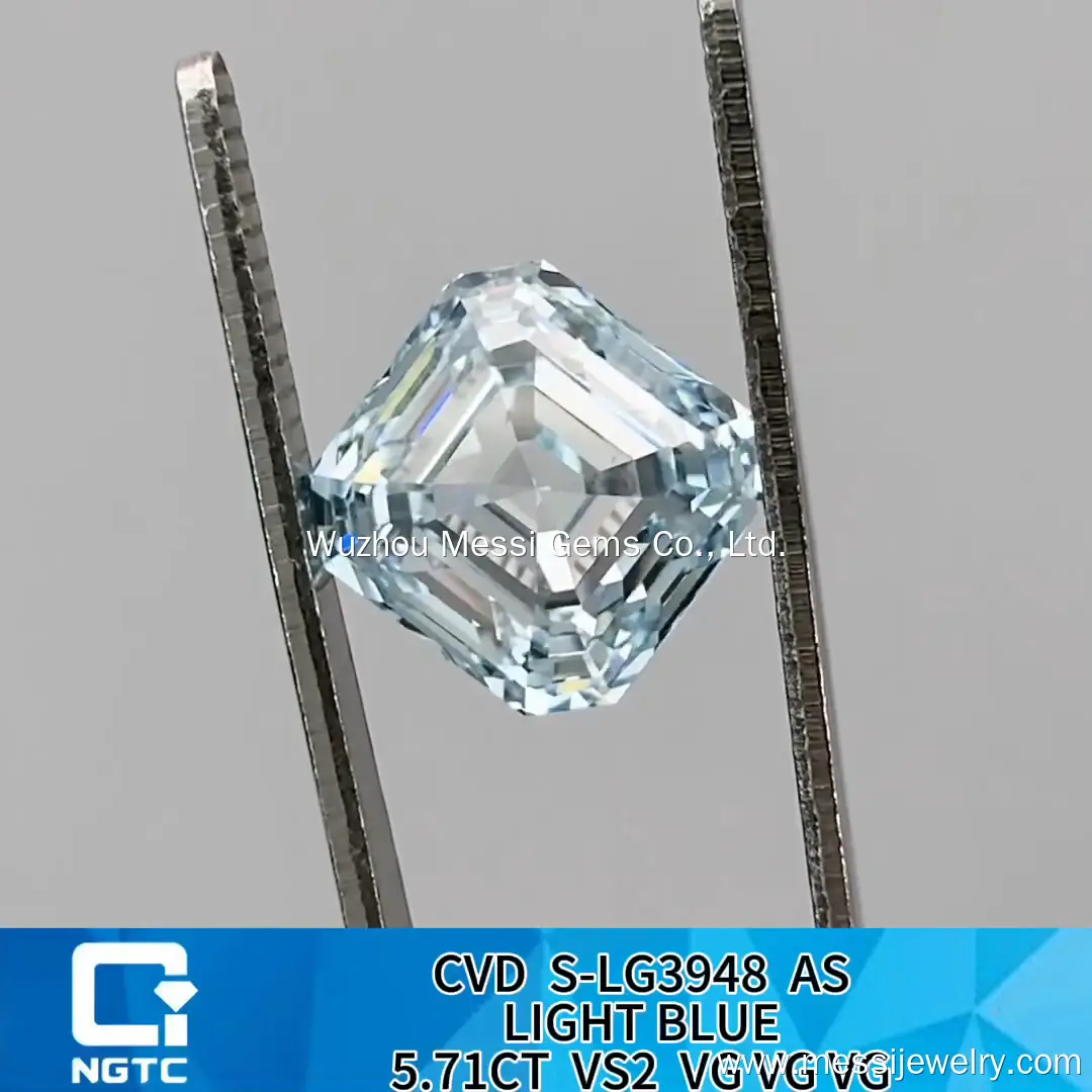 Asscher Cut Lab Diamond - 5.71ct Light Blue VS2 - Messi Jewelry 6