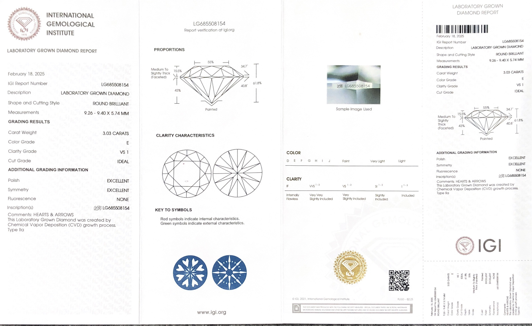 Messi Jewelry Round 3.03carat E VS1 ID EX EX CVD Heart and Arrow Lab Diamond IGI LG685508154 9