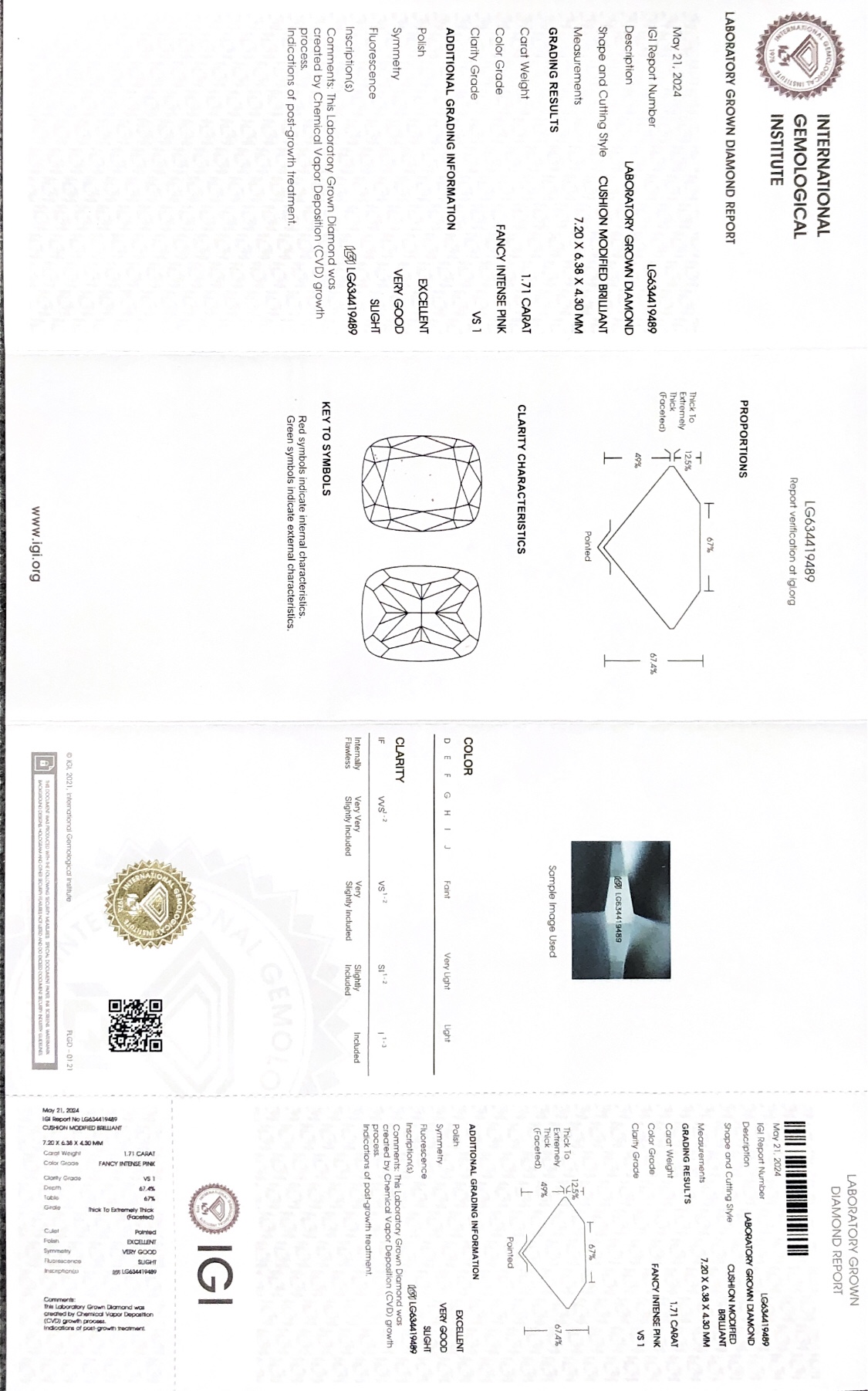 IGI Cushion Gibag-o nga Brilliant Fancy Intense Pink CVD LG634419489 1.71CT VS1 EX VG 9