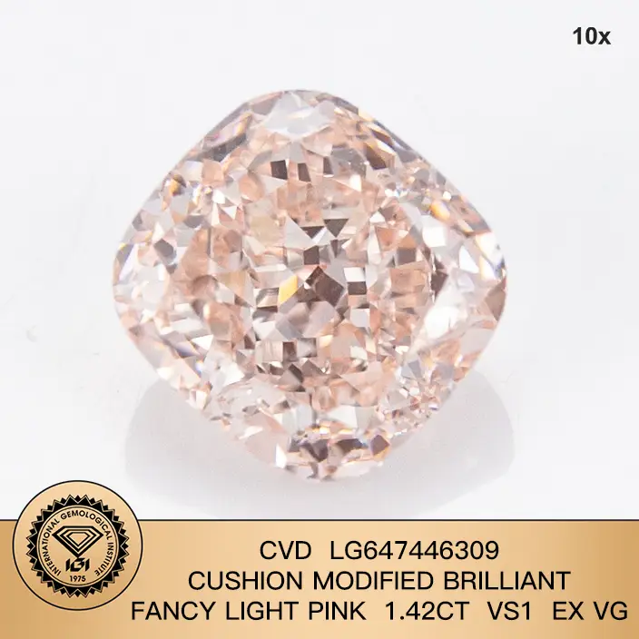 Cuscino modificato brillante fantasia rosa chiaro 1.42carat cvd vs1 ex vg lab diamond con certificato IGI LG647446309 1