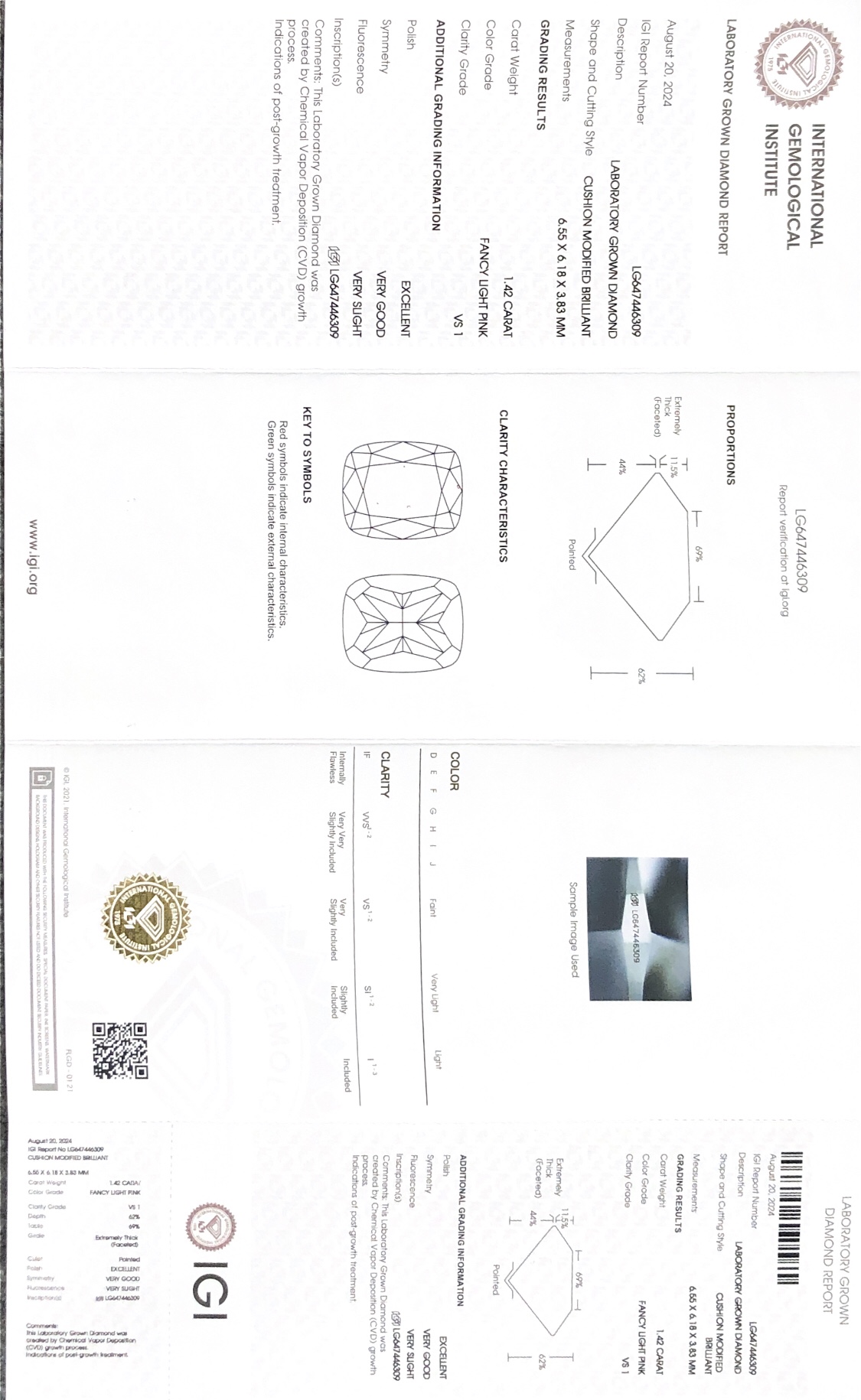 Cushion Modified Brilliant Fancy Light Pink 1.42carat CVD VS1 EX VG Lab Diamond with IGI certificate  LG647446309 8