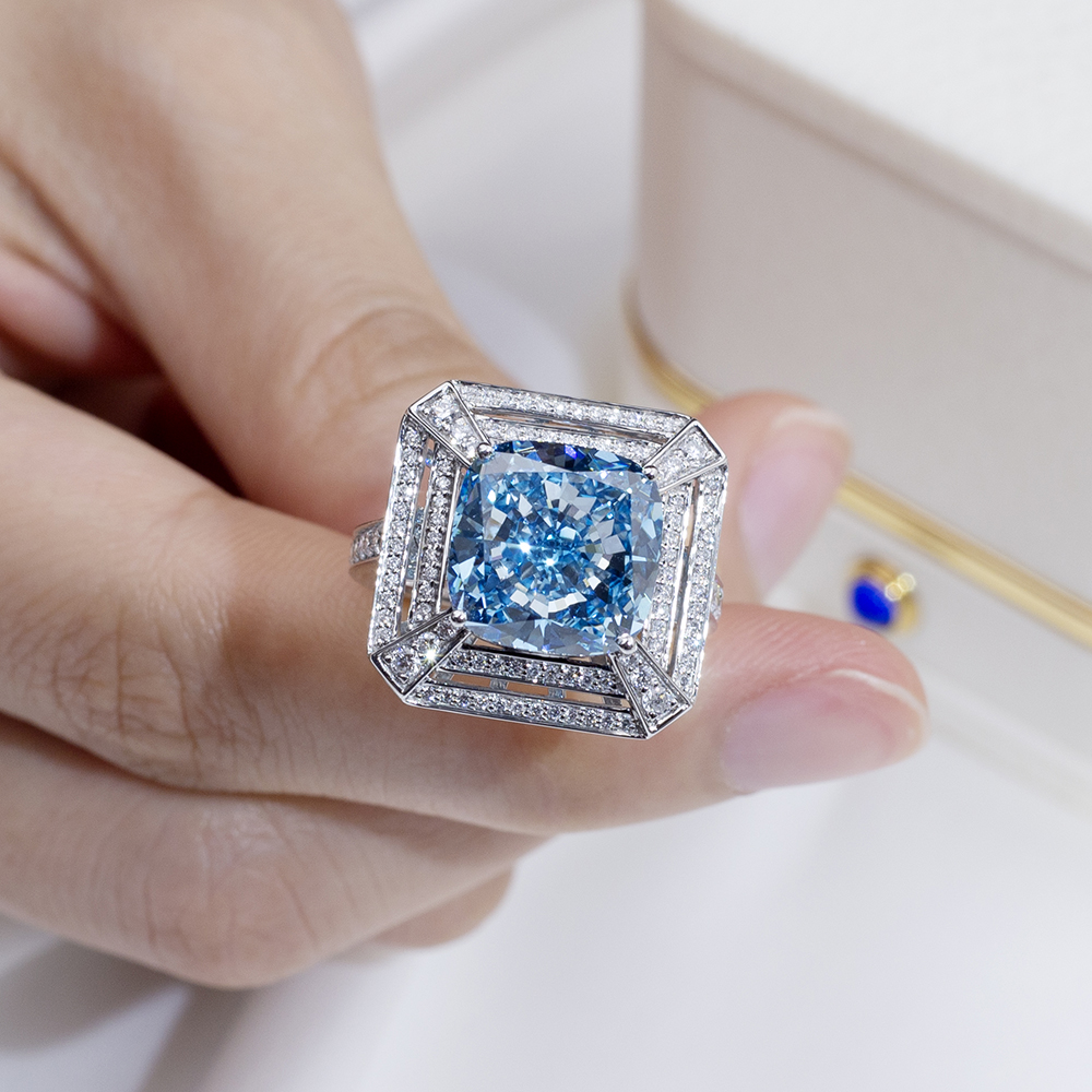 Messi Alahas MSR-1801 ipasadya ang 18K Solid Gold Fancy Intense Blue Lab Diamond Ring 11