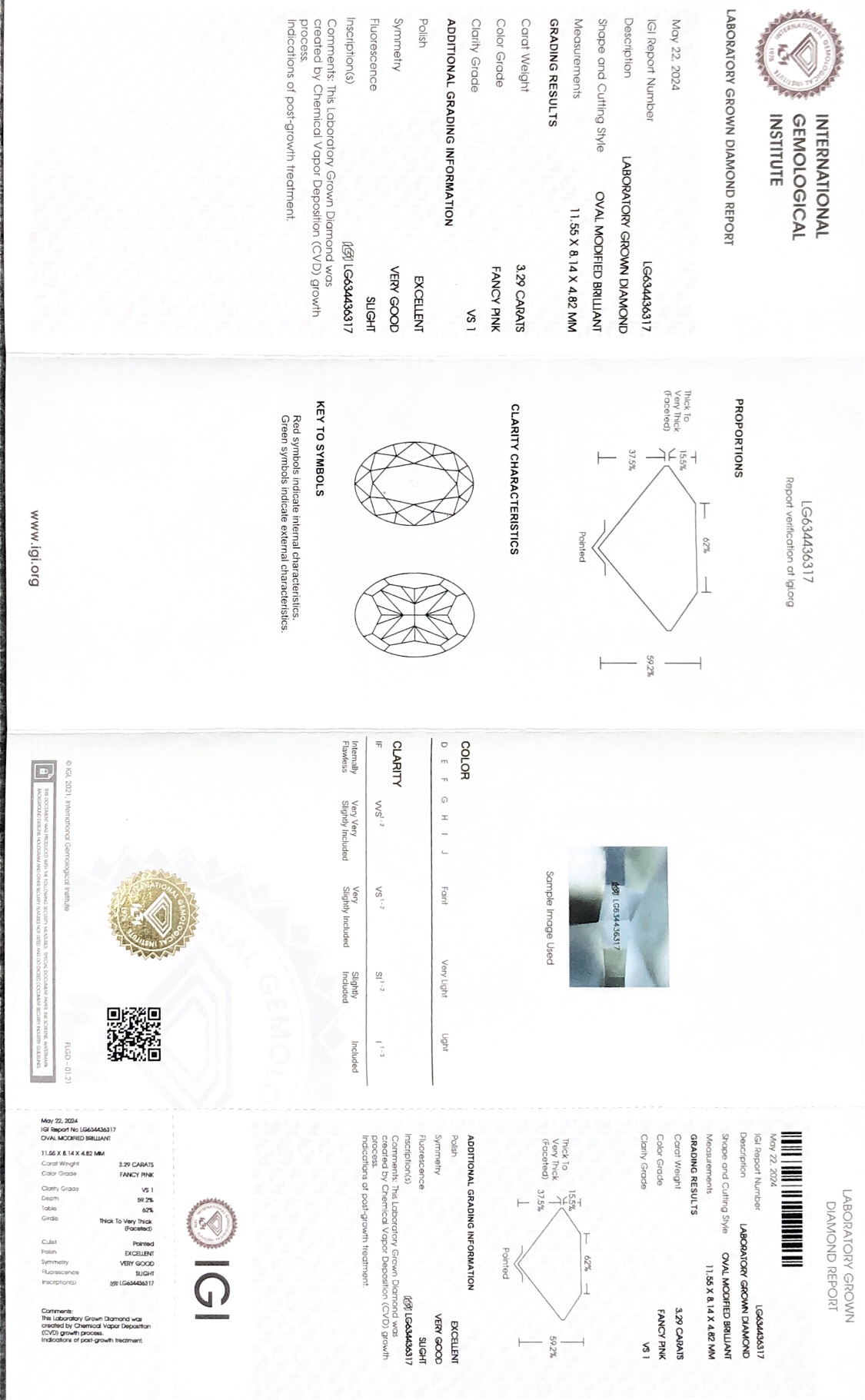 IGI Lab Grown Diamond Oval 3.29CT VS1 Fancy Pink EX VG CVD LG634436317 8