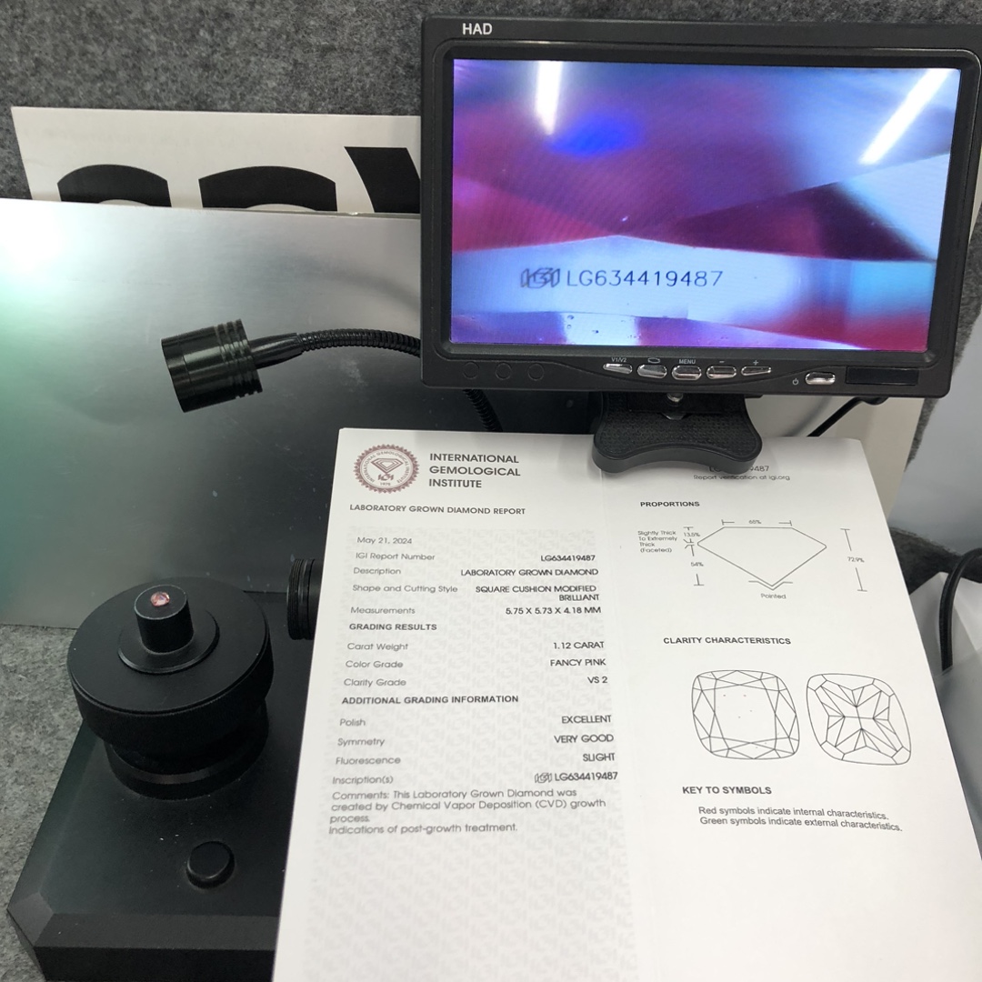 Messi Jewelry Lab Diamond CVD SQUARE CUSHION MODIFIED BRILLIANT FANCY PINK 1.12CT VS2 EX VG LG634419487 12