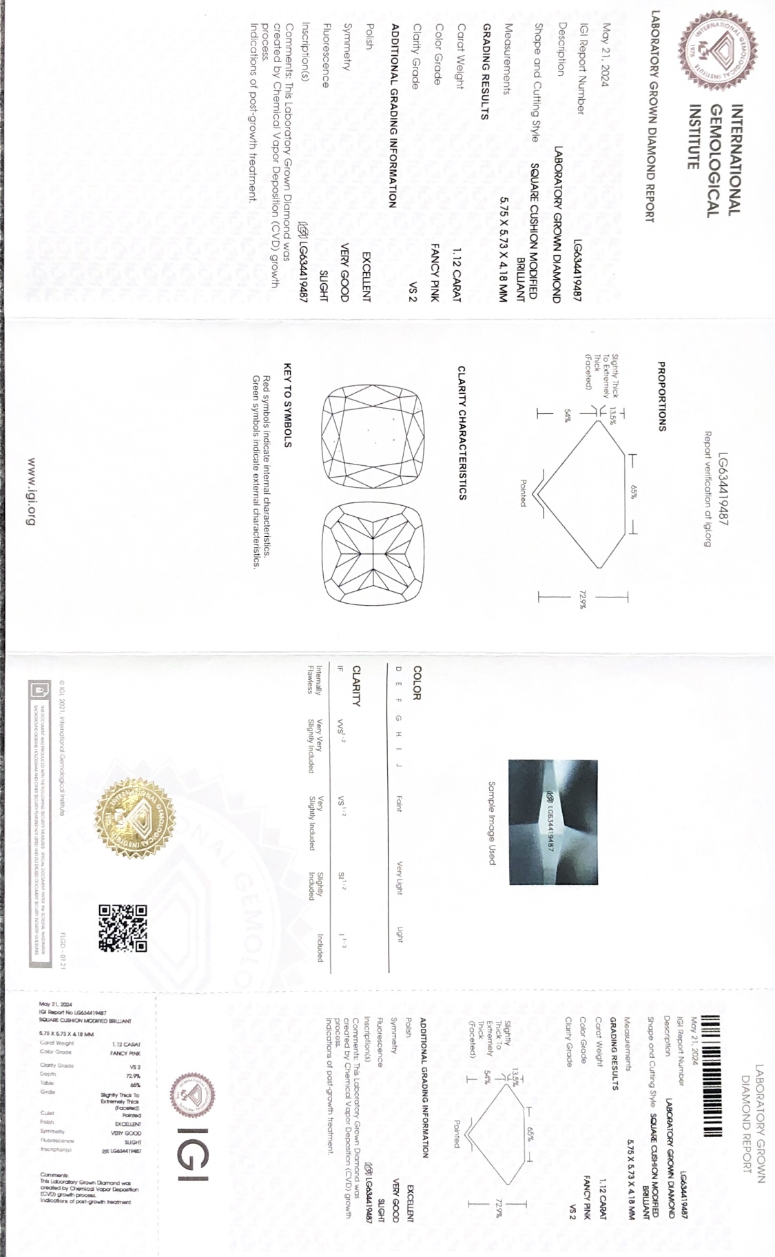 Messi Jewelry Lab Diamond CVD SQUARE CUSHION MODIFIED BRILLIANT FANCY PINK 1.12CT VS2 EX VG LG634419487 8