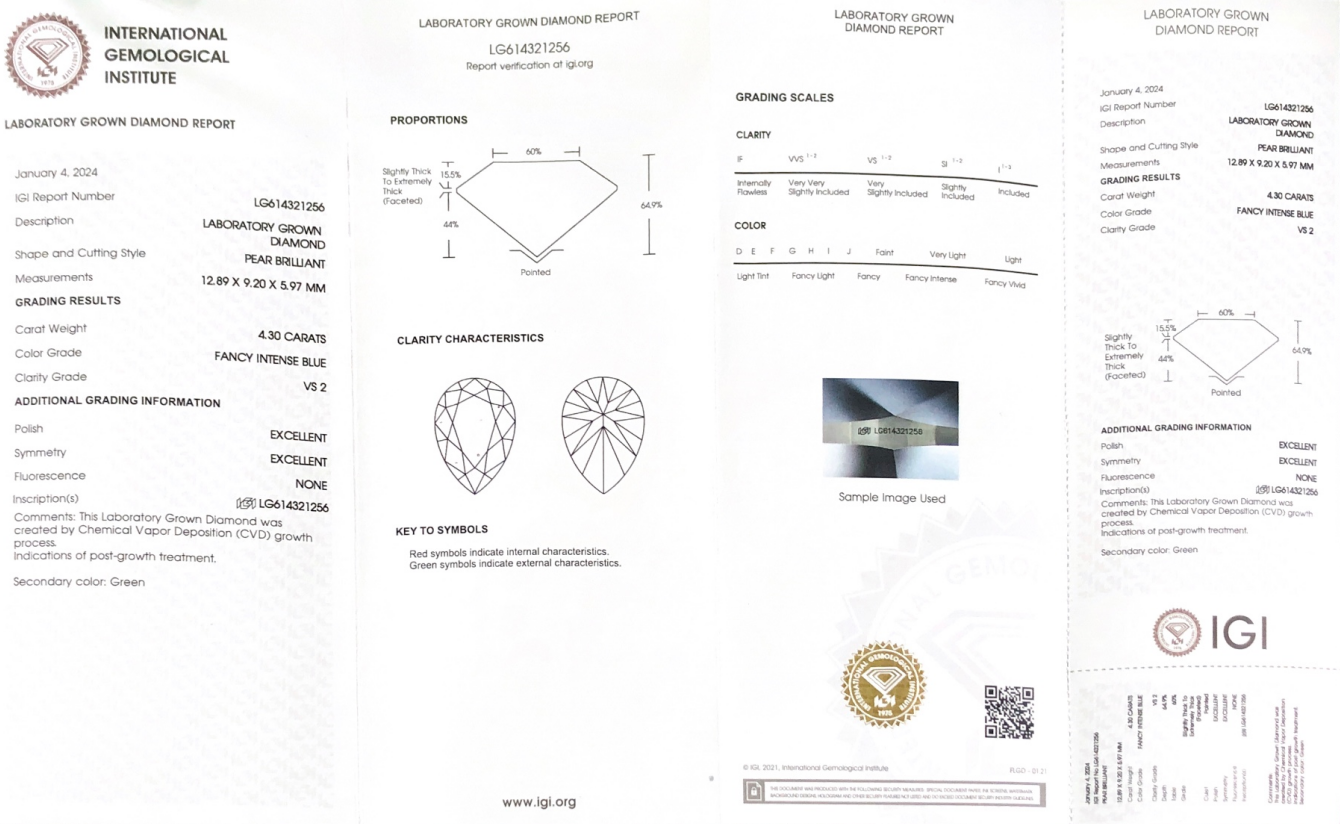 CVD Pear Cut Fancy Intense blue 4.30CT VS2 EX EX LG614321256 | Messi Alahas 8