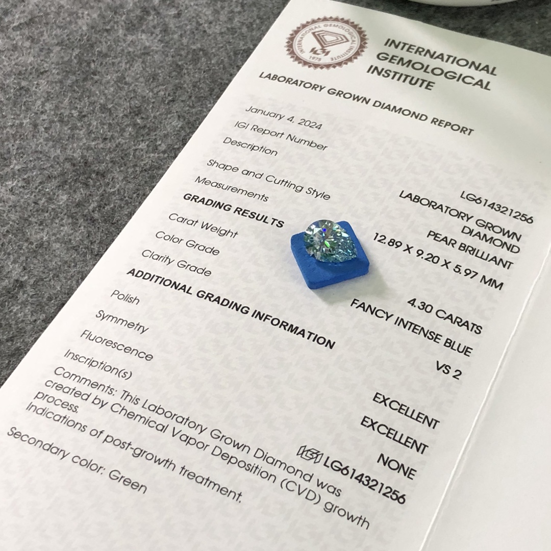 CVD Pear Cut Fancy Intense blue 4.30CT VS2 EX EX LG614321256 | Messi Alahas 7