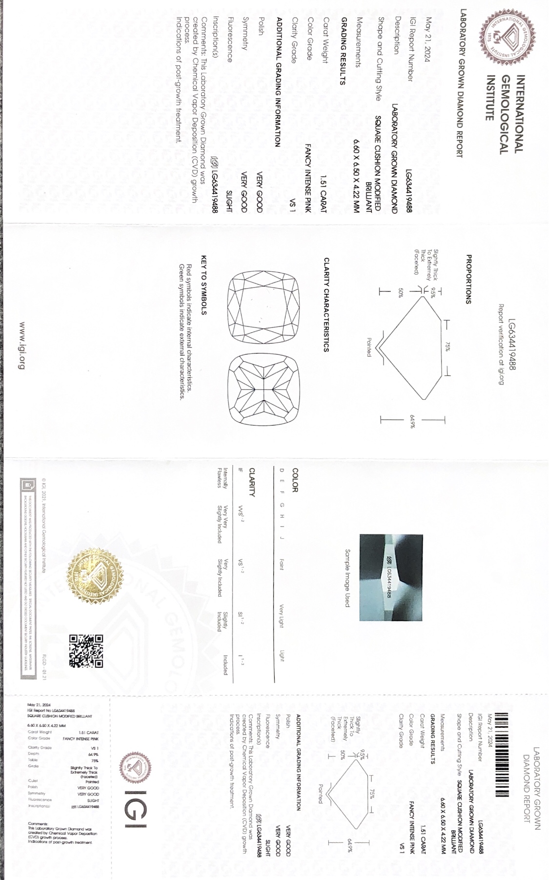 1.51CT VS1 VG VG CVD LG634419488 SQUARE CUSHION MODIFIED BRILLANT FANCY INTENSE PINK 8
