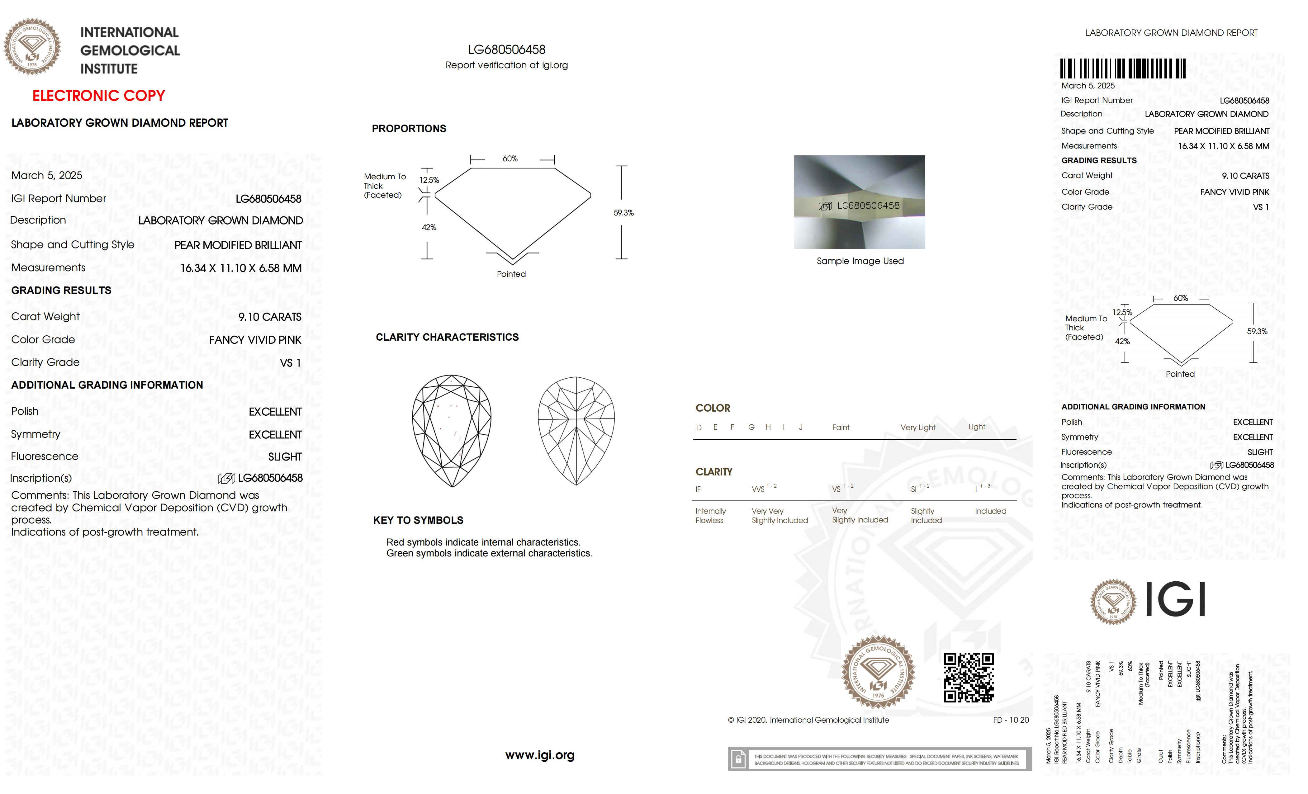 Messi Jewelry Lab Diamond FANCY VIVID PINK 9.10CT LG680506458 PEAR FVP VS1 5