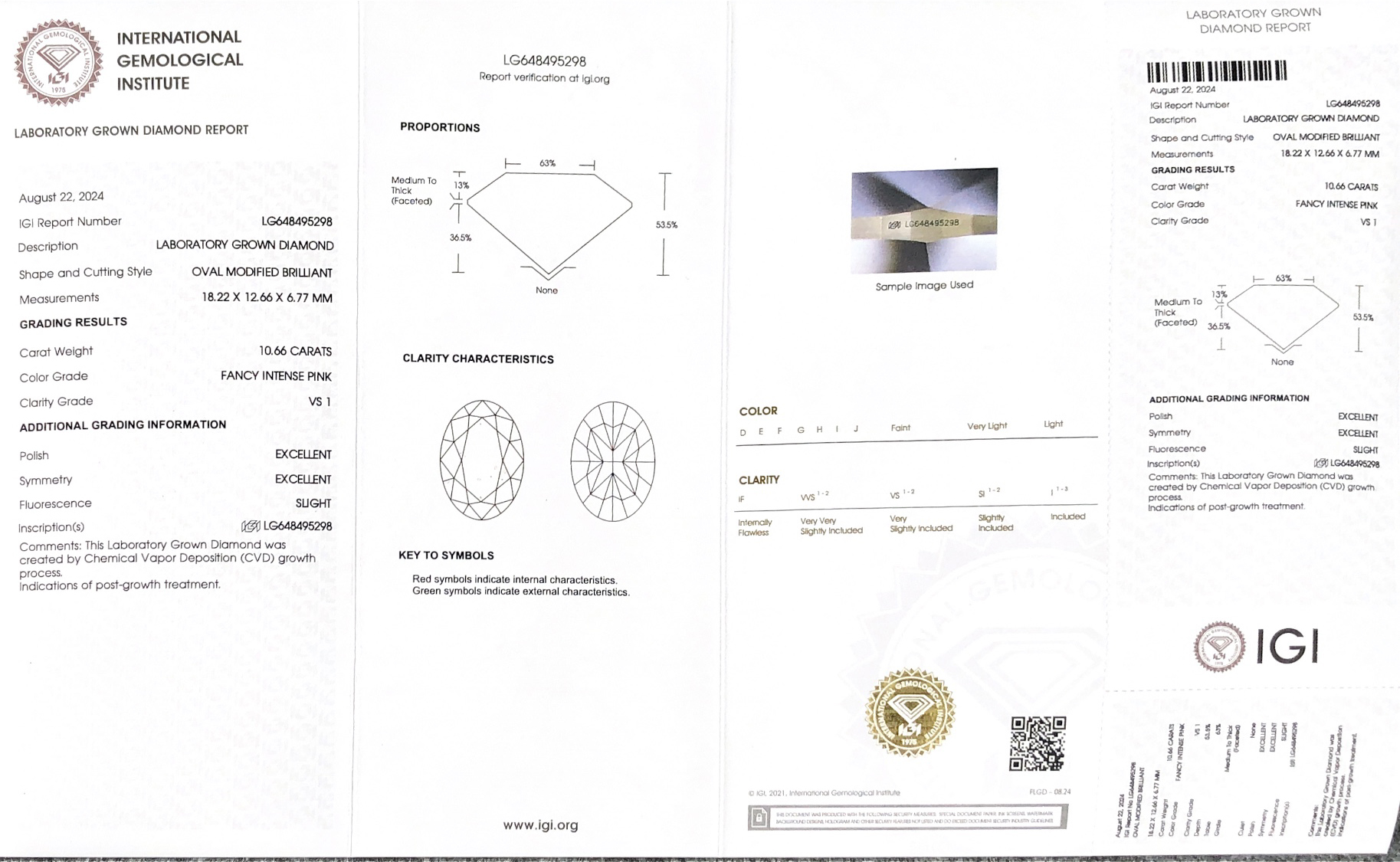 Messi Alahas CVD Lab Diamond Oavl Cut FANCY INTENSE PINK 10.66CT VS1 LG648495298 EX EX 8