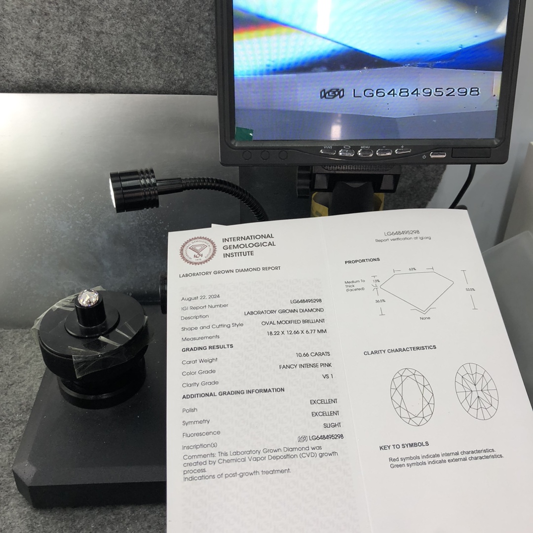 Messi Alahas CVD Lab Diamond Oavl Cut FANCY INTENSE PINK 10.66CT VS1 LG648495298 EX EX 12